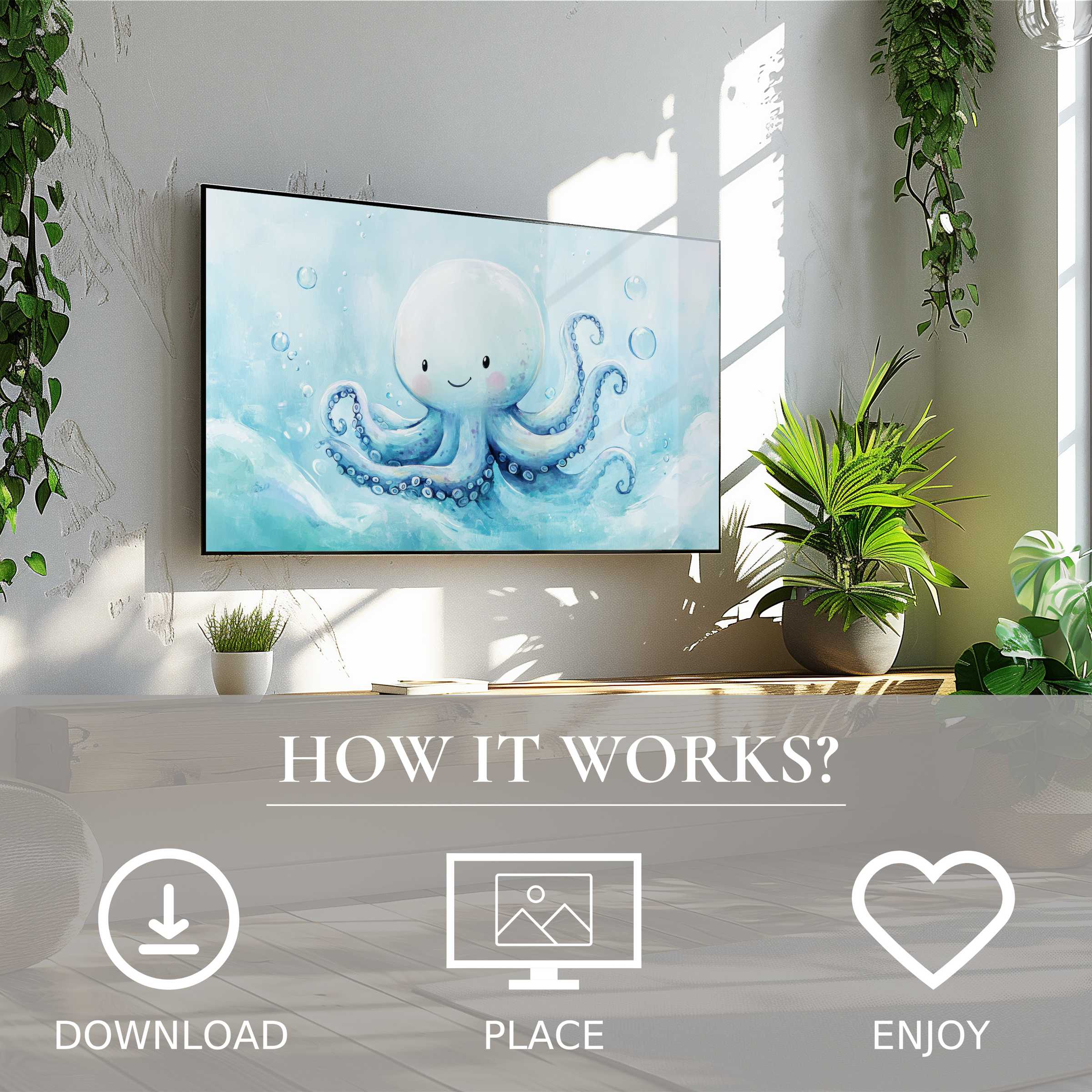 Nursery art for Samsung TV shows a cute octopus in soft blue tones; easy digital download enriches any nursery space
