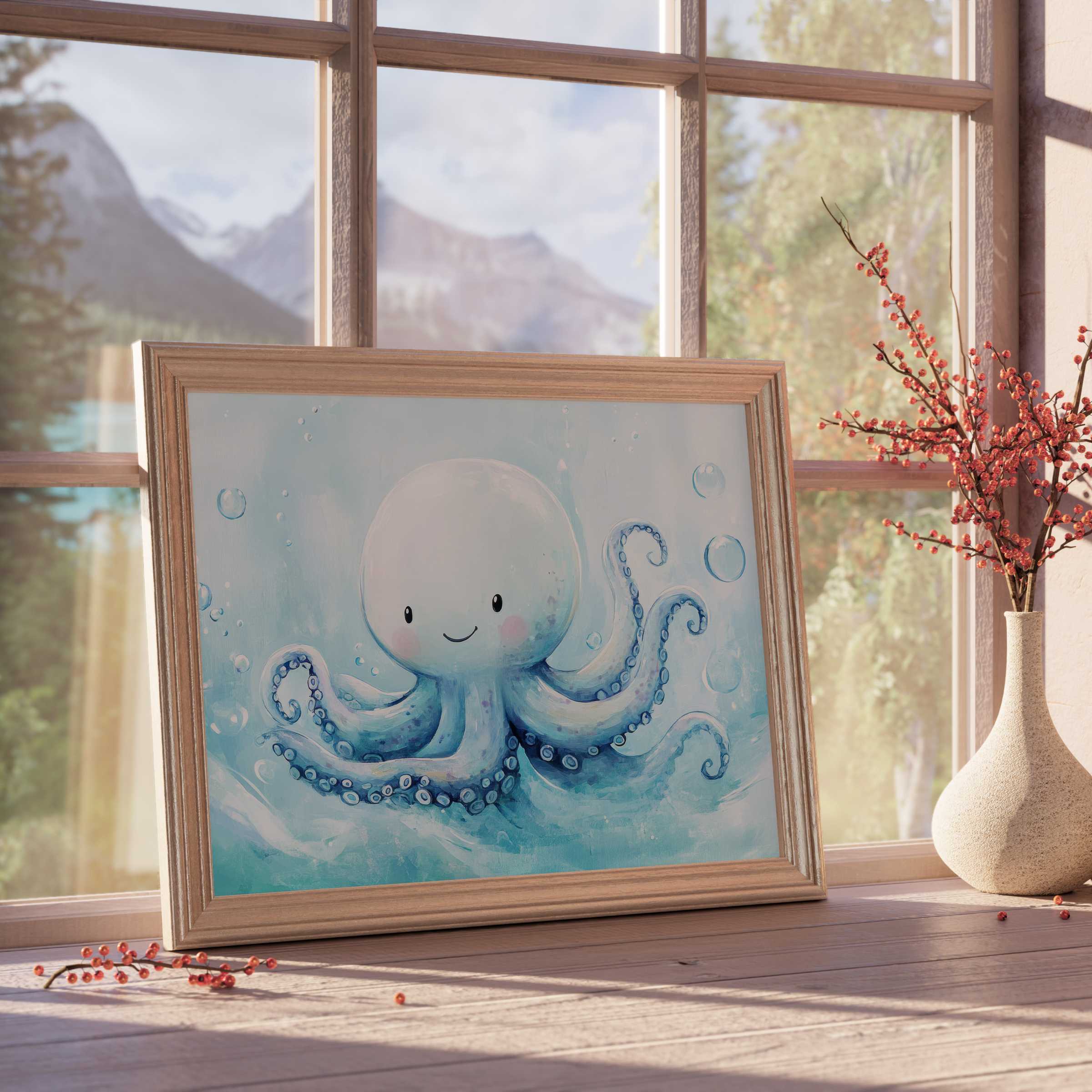Charming nursery downloadable art featuring a joyful octopus in serene blue tones, enhancing tranquil, design-forward kids’ spaces