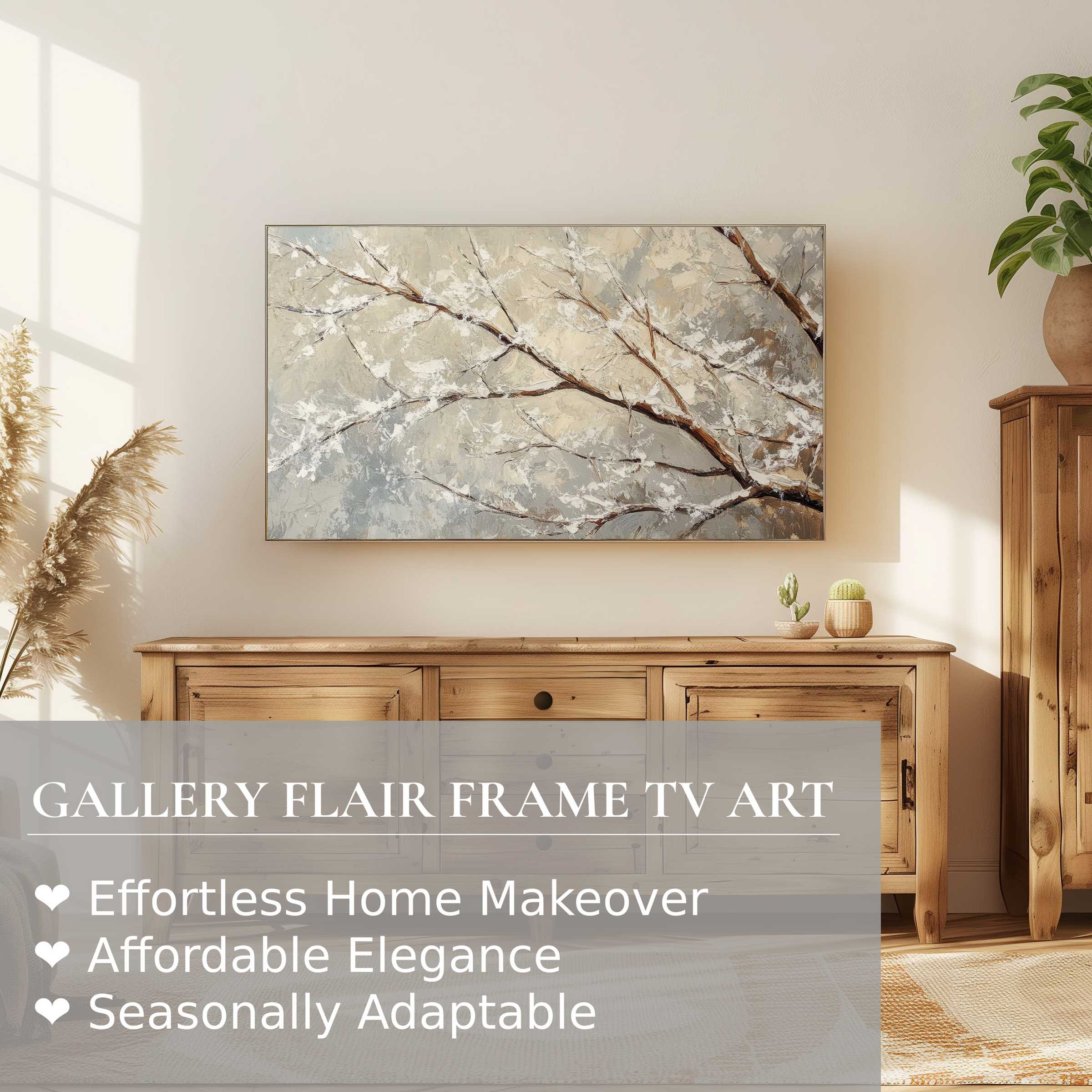 Elegant Samsung Frame TV displaying subtle tree digital artwork, perfect for refined and modern home decor settings