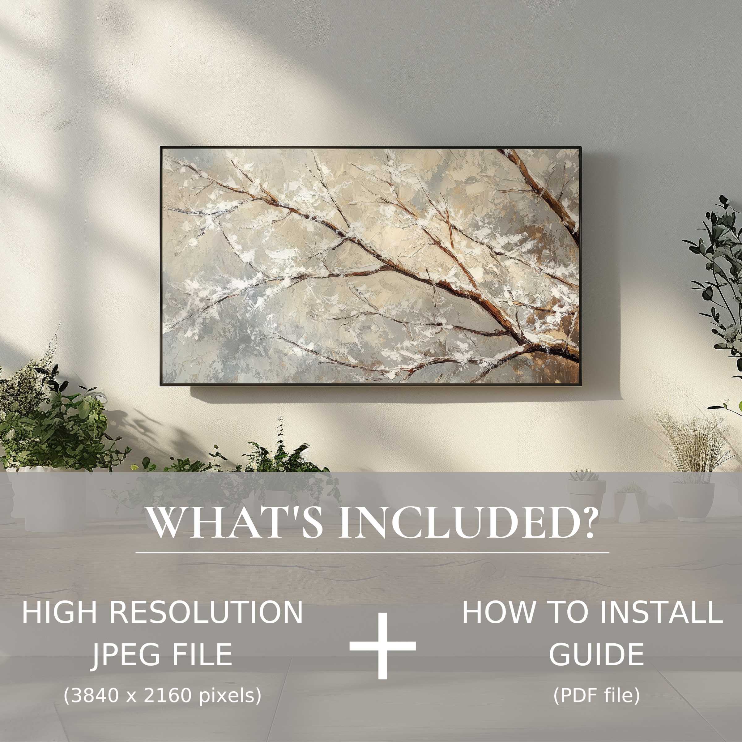Elegant tree digital TV art download enhances serene living spaces with easy digital use and installation guidance