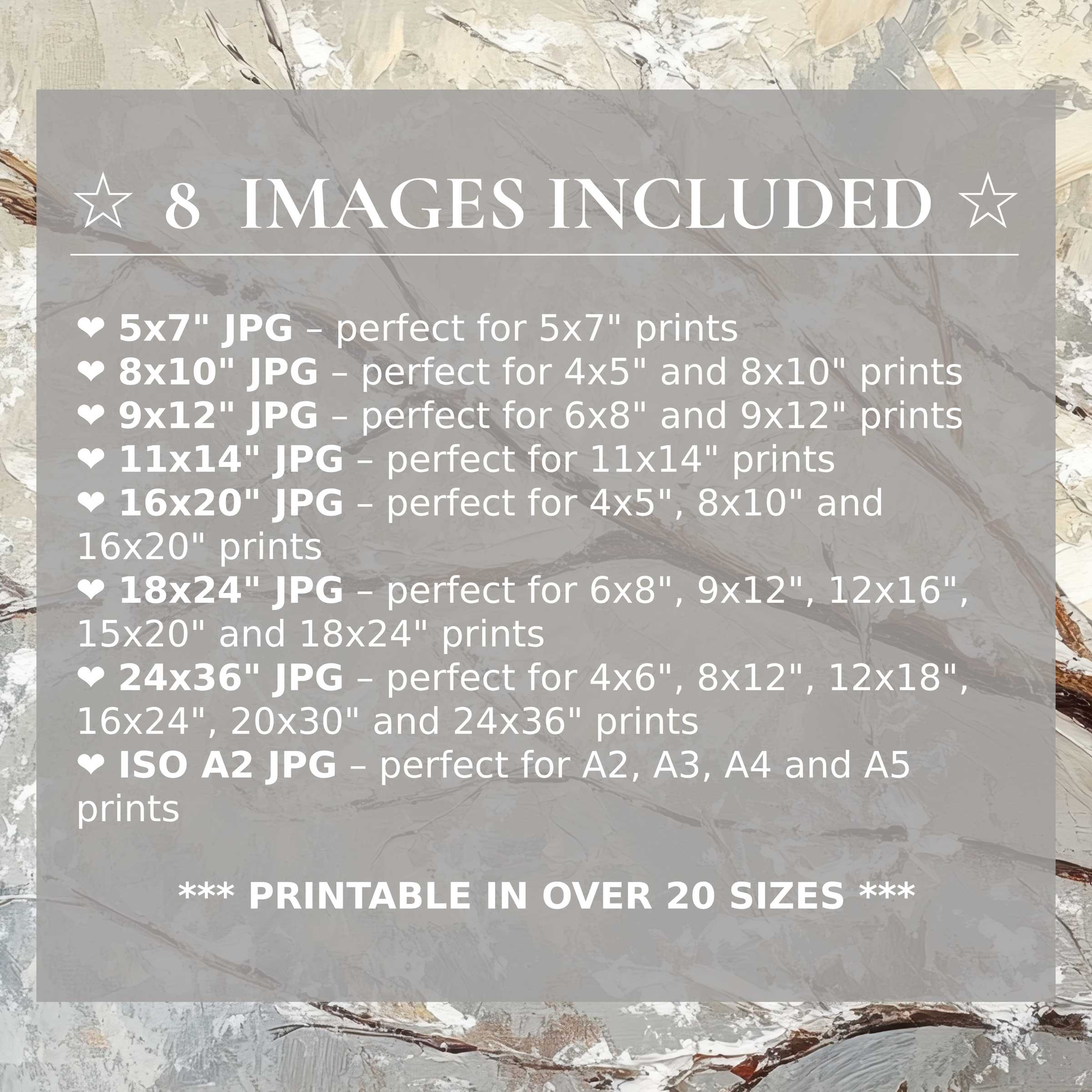 Print size guide showing 8 included JPG formats for versatile wall art printing – perfect for framing in popular sizes from 5x7 to 24x36 and A2