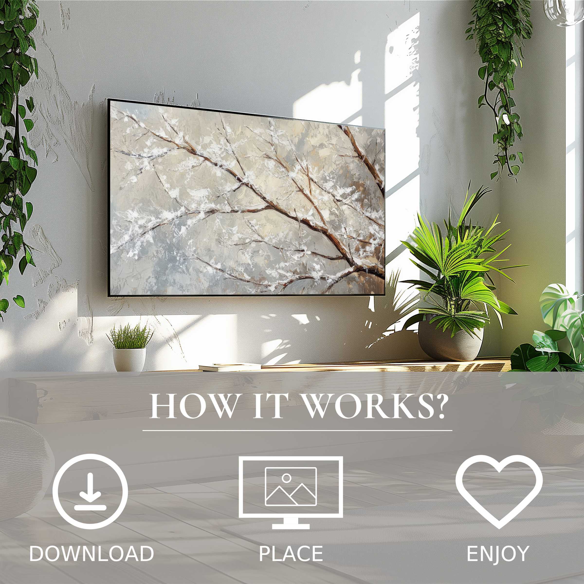Modern living room with easy digital tree art for Samsung TV, soft neutral tones enrich space with simple download