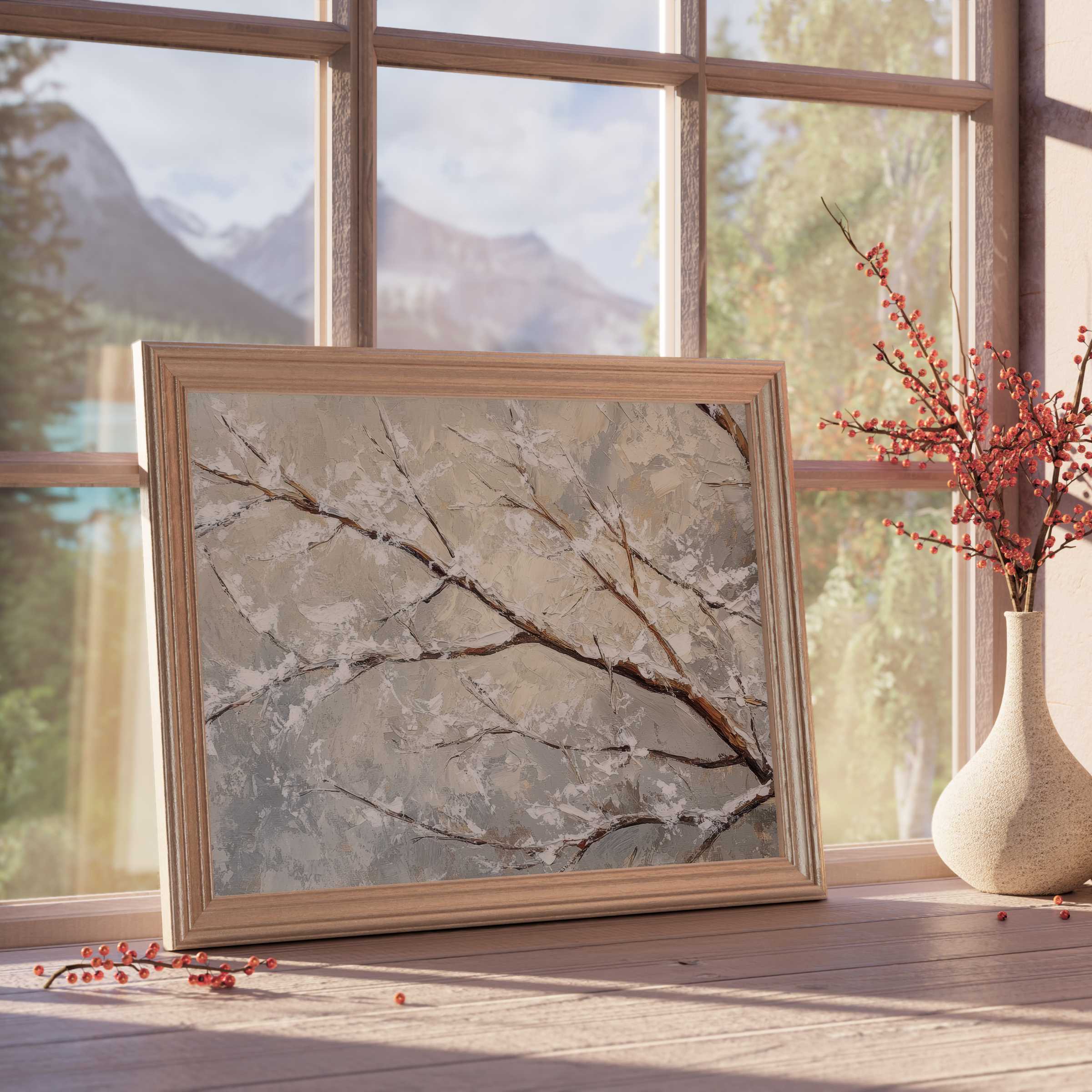 Elegant tree downloadable art with textured branches in soft neutrals, elevating serene, modern interiors with refined warmth