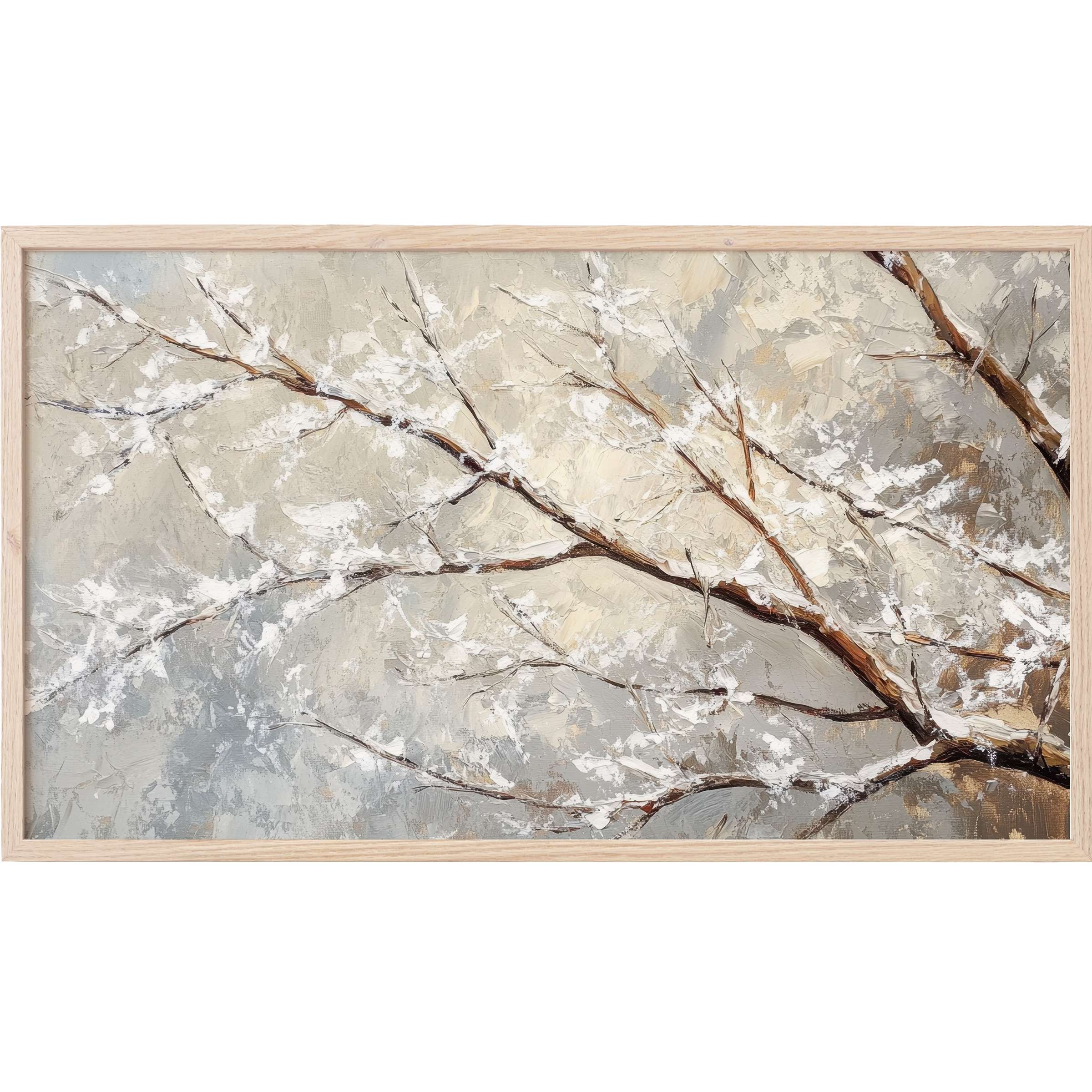 Elegant impressionist tree branch in soft whites and browns on muted gray-beige background, tree Frame TV Art