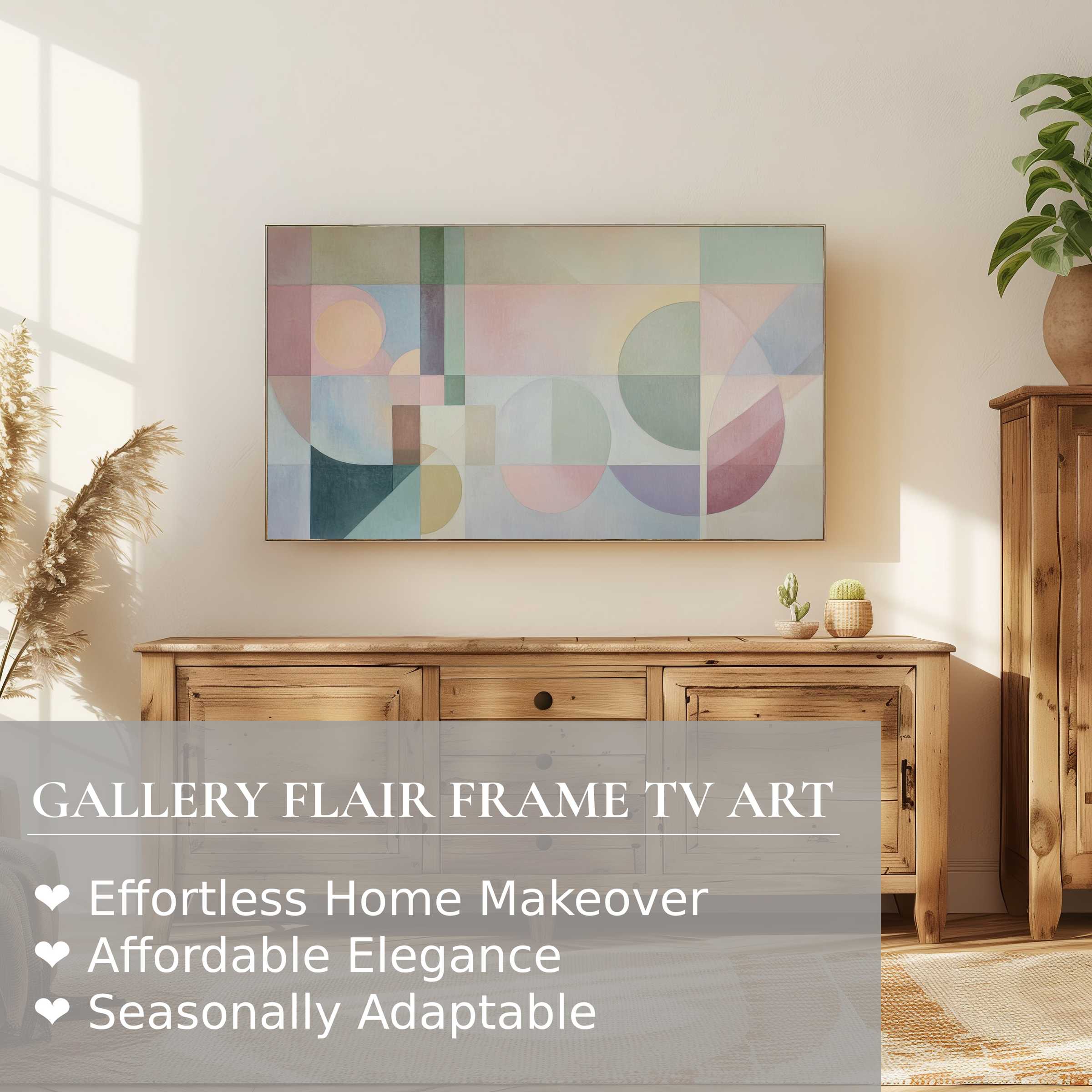 Samsung Frame TV displays modern digital artwork in a softly lit, elegant living space with natural wood furnishings