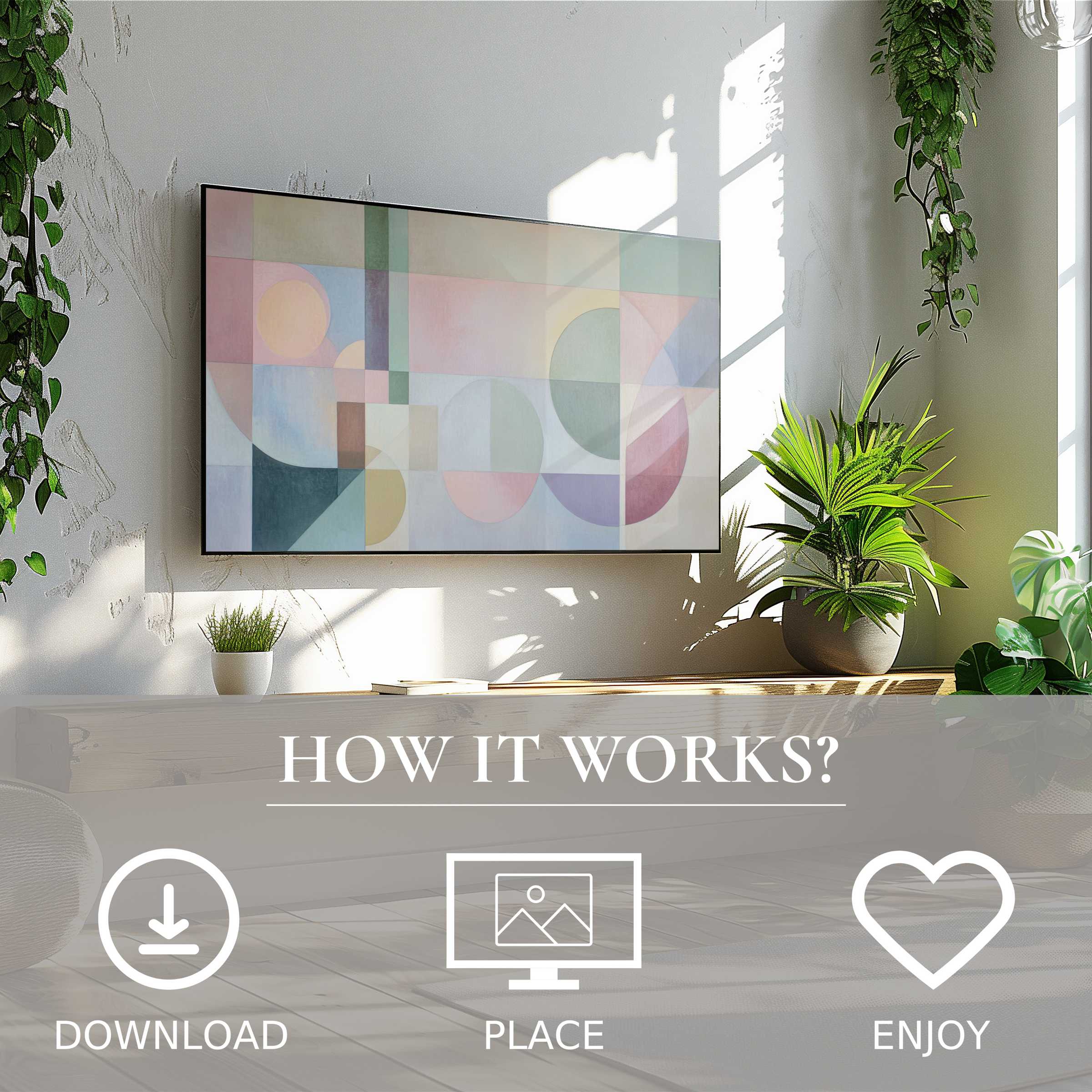 Modern art for Samsung TV shows soft pastel geometric shapes; easy digital download enriches bright, green living spaces