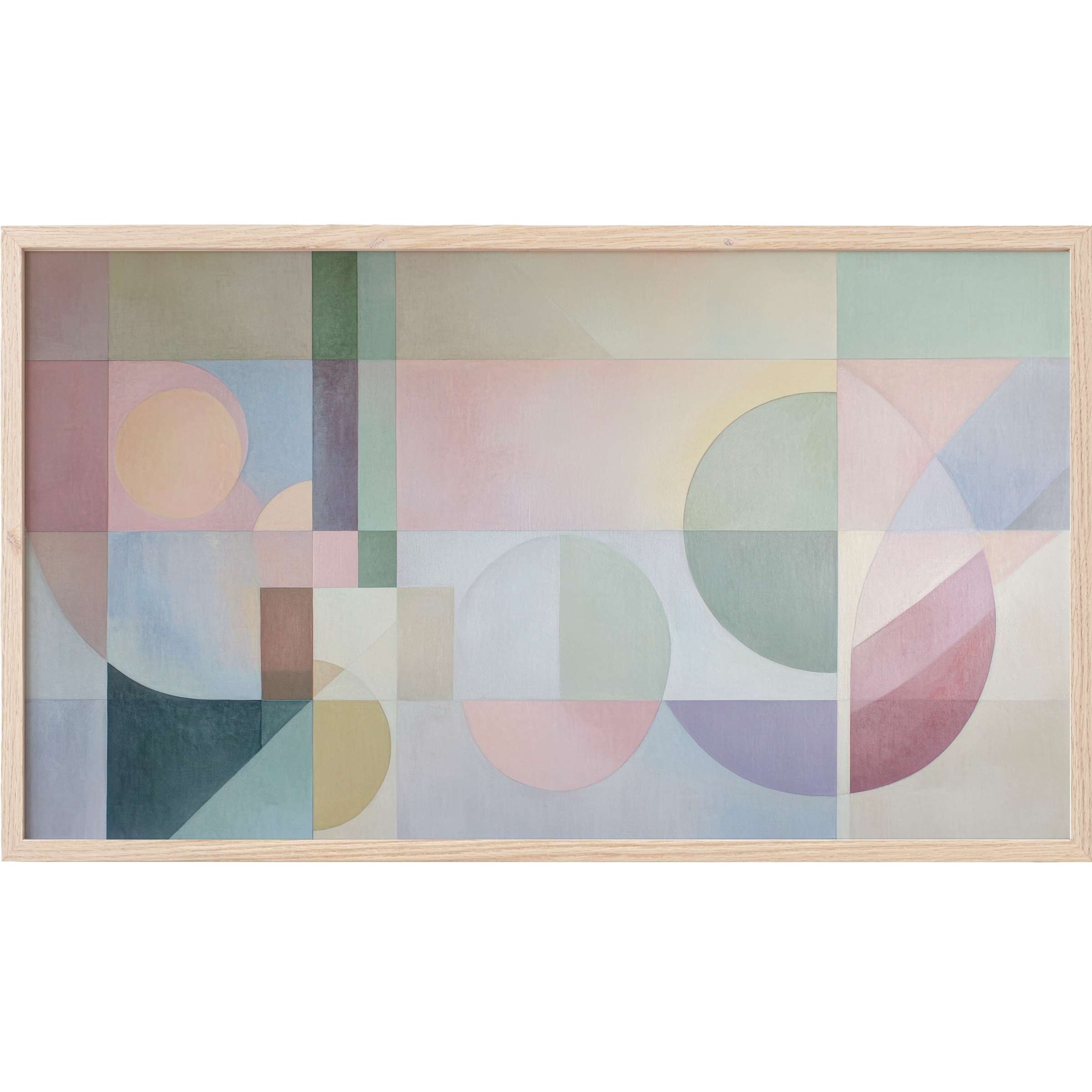 Modern Frame TV Art with soft pastel geometric shapes in muted pinks, blues, greens, and beiges for refined home decor