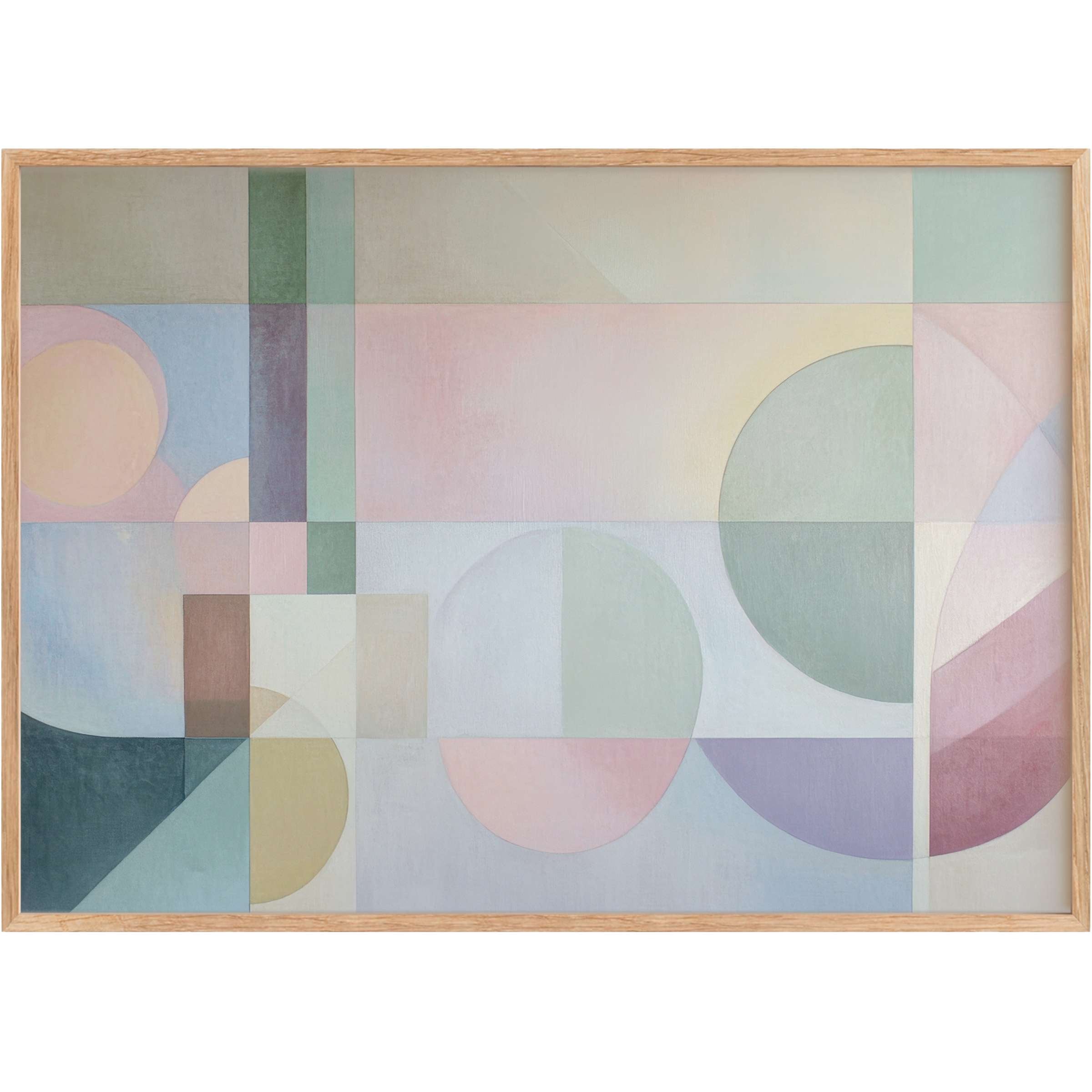 Modern printable wall art featuring soft pastel geometric shapes in muted greens, pinks, and blues, creating a serene and sophisticated ambiance