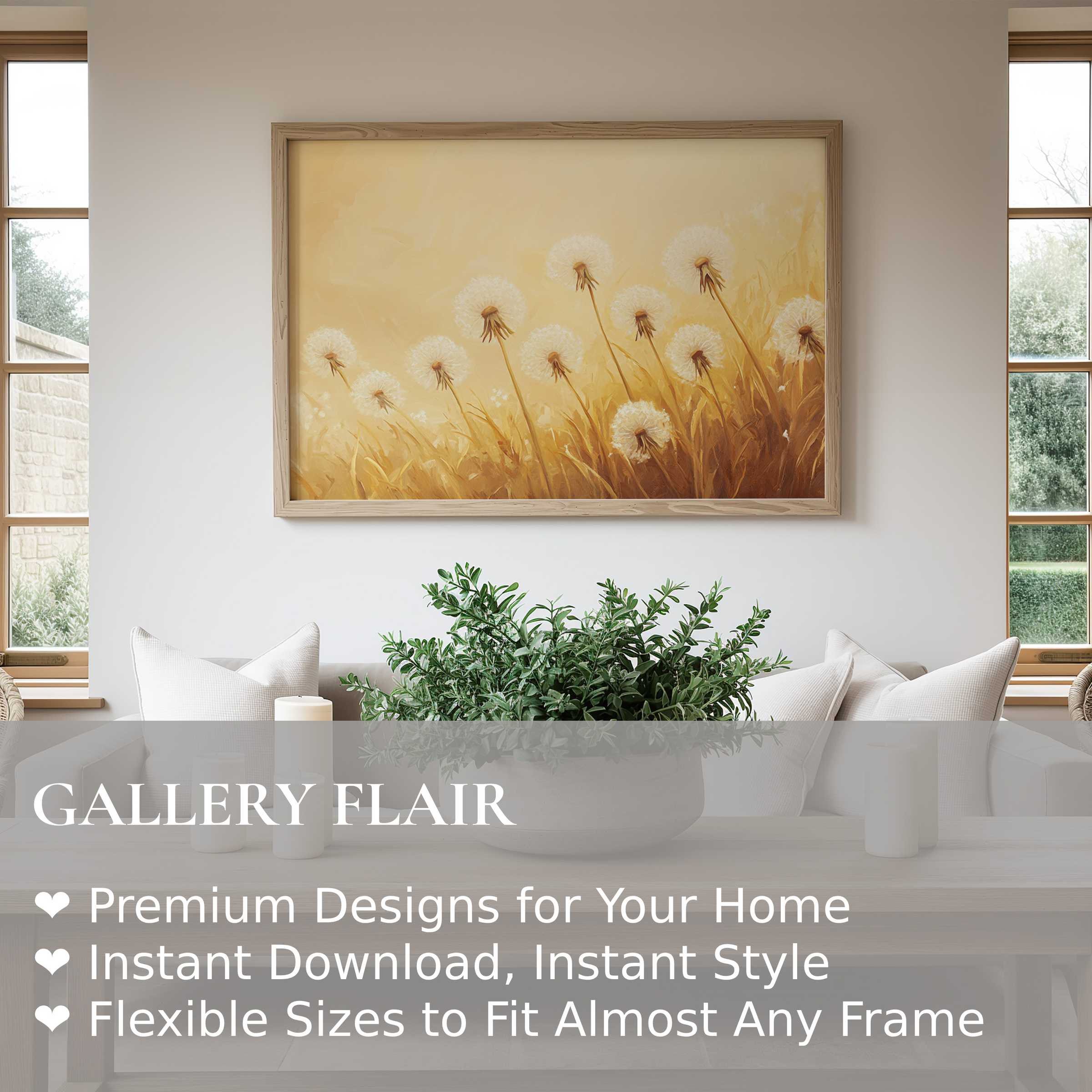 Radiant floral wall art print featuring delicate dandelions, enhancing serene modern farmhouse interiors with warm, calming elegance