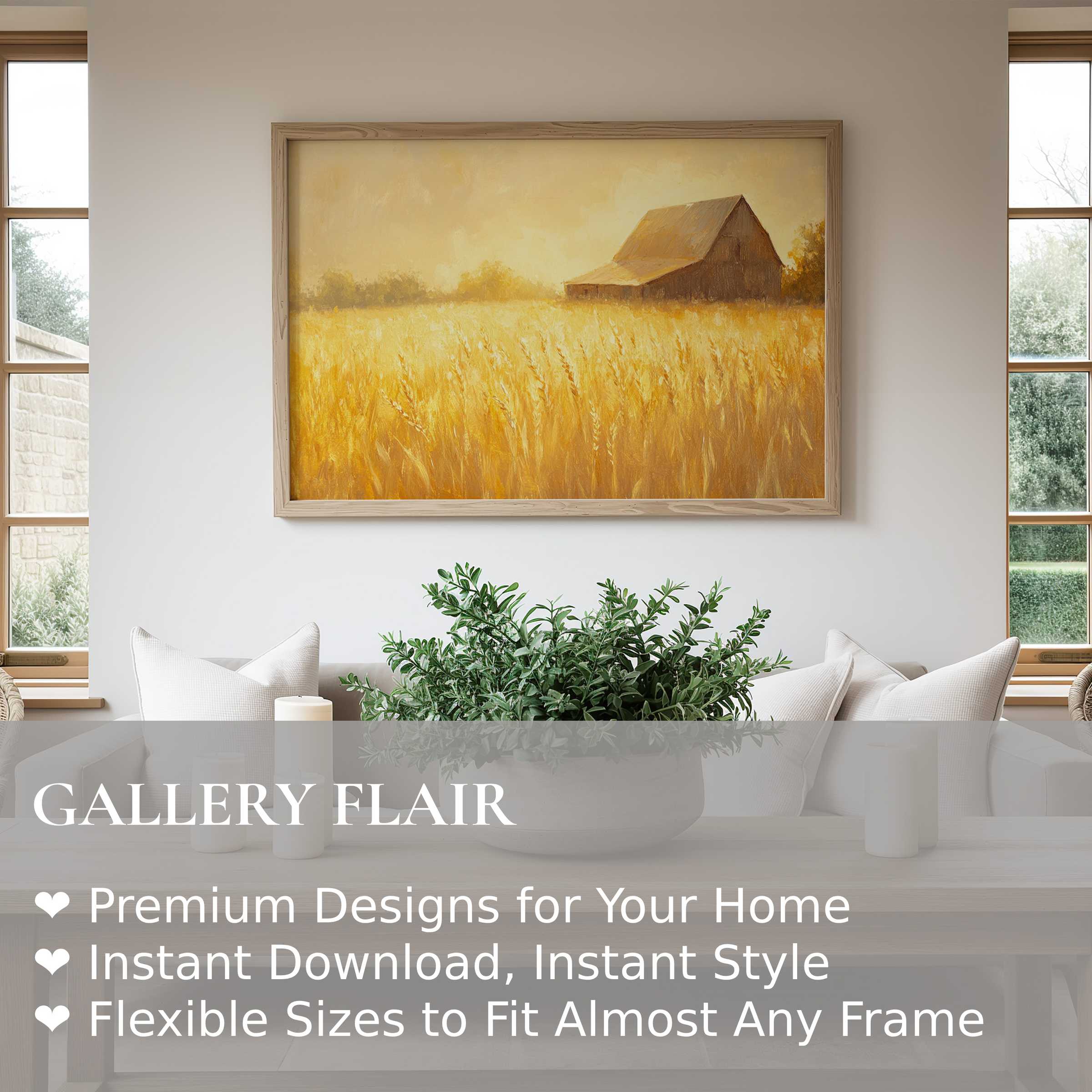Farmhouse wall art print featuring a radiant golden wheat field and rustic barn, enhancing serene modern farmhouse interiors