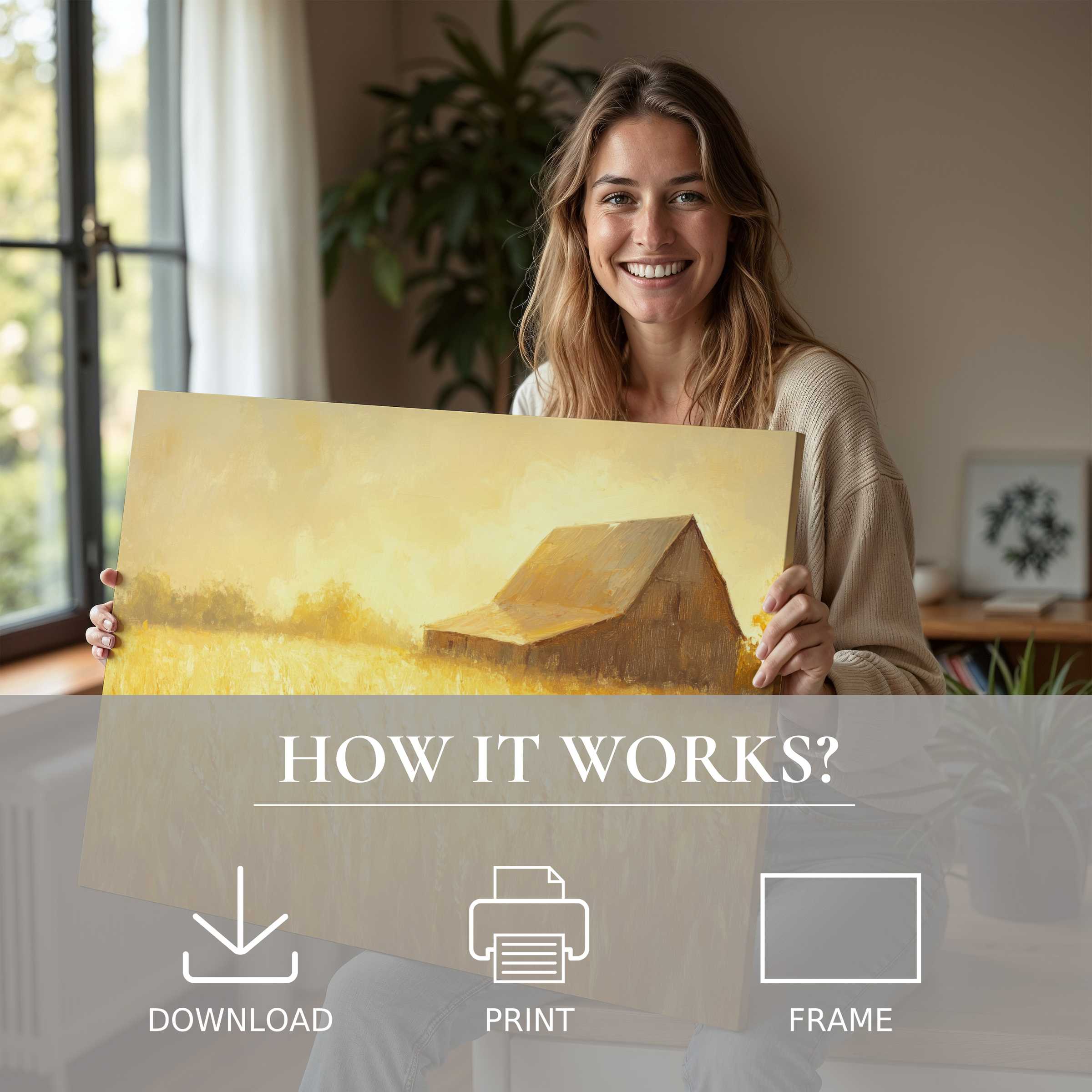 Radiating warmth and joy, this farmhouse digital art print transforms living spaces with effortless elegance and heartfelt connection