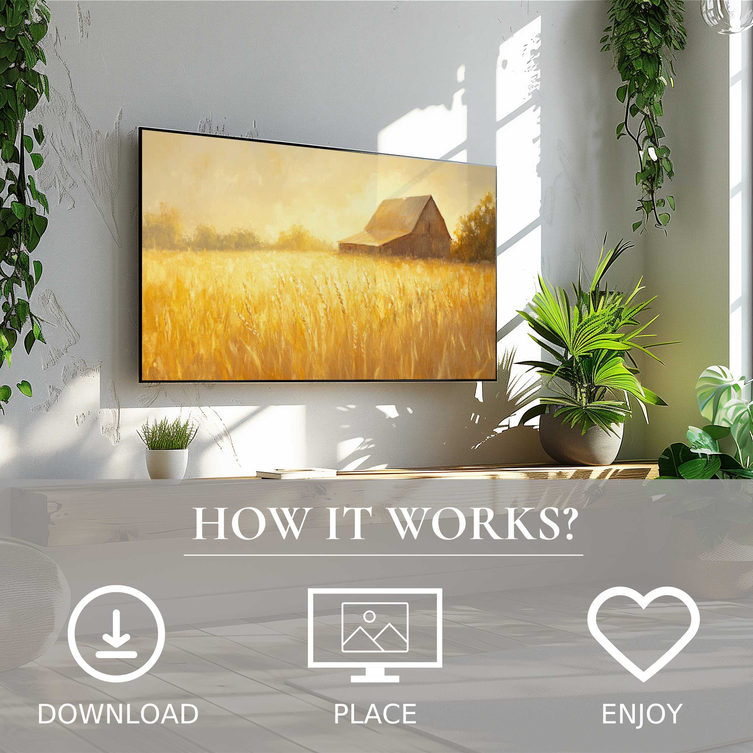 Farmhouse art for Samsung TV shows warm golden fields, easy digital download enriching modern living spaces
