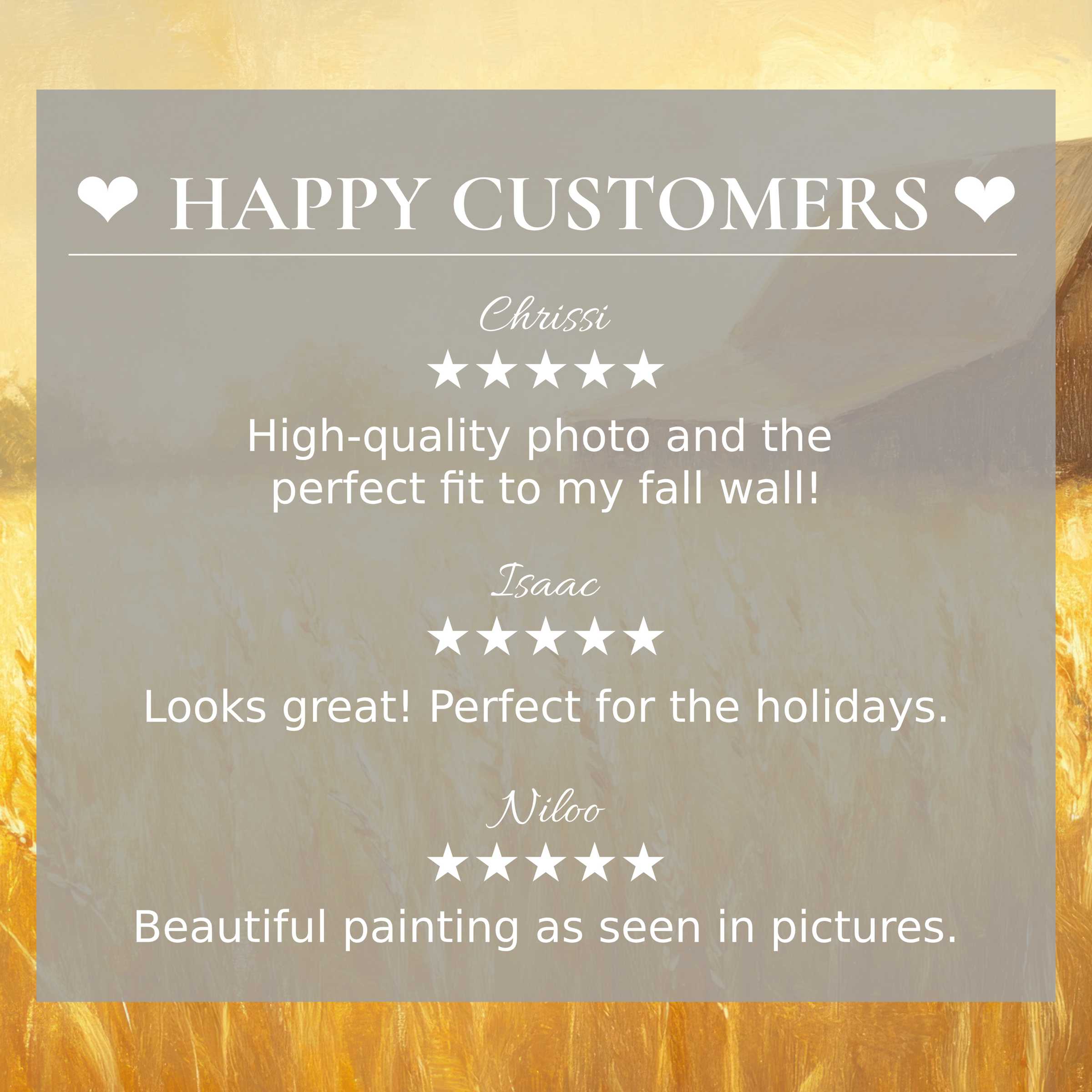 Farmhouse art for Frame TV with abstract golden field background, showcasing happy customer reviews and elegant trust