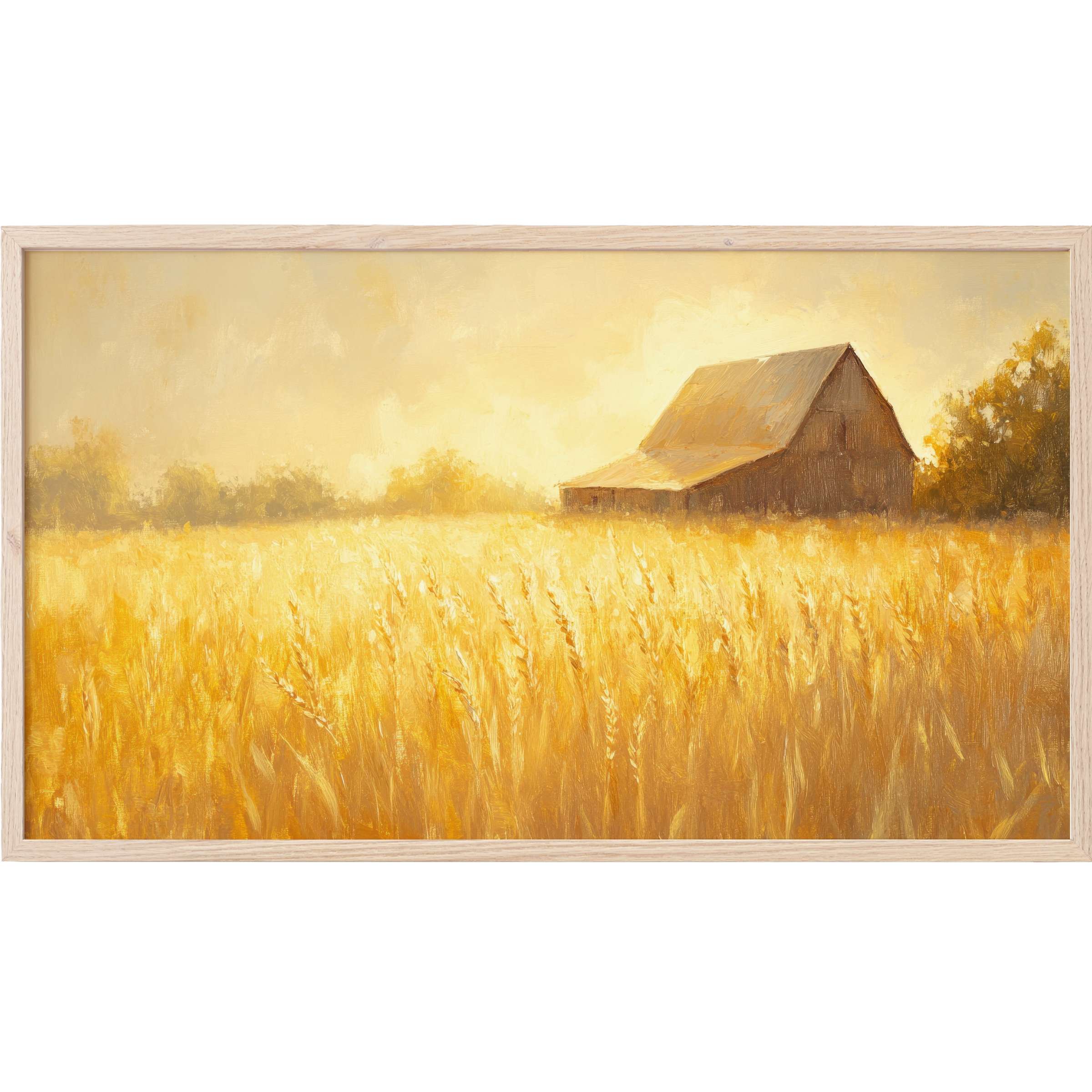Farmhouse Frame TV Art depicts a warm golden wheat field with a rustic barn under soft sunlight