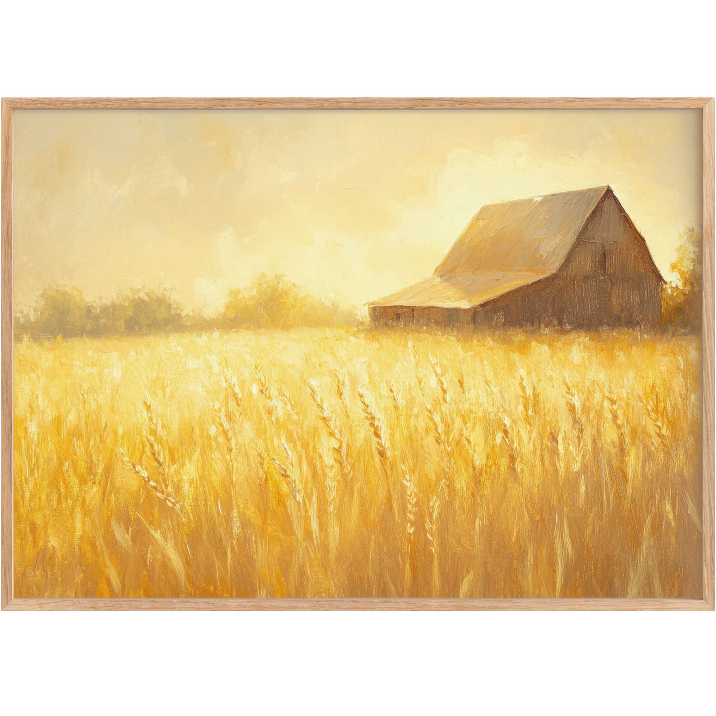 Golden wheat fields bathed in soft sunlight surround a rustic barn, evoking warm, serene farmhouse printable wall art