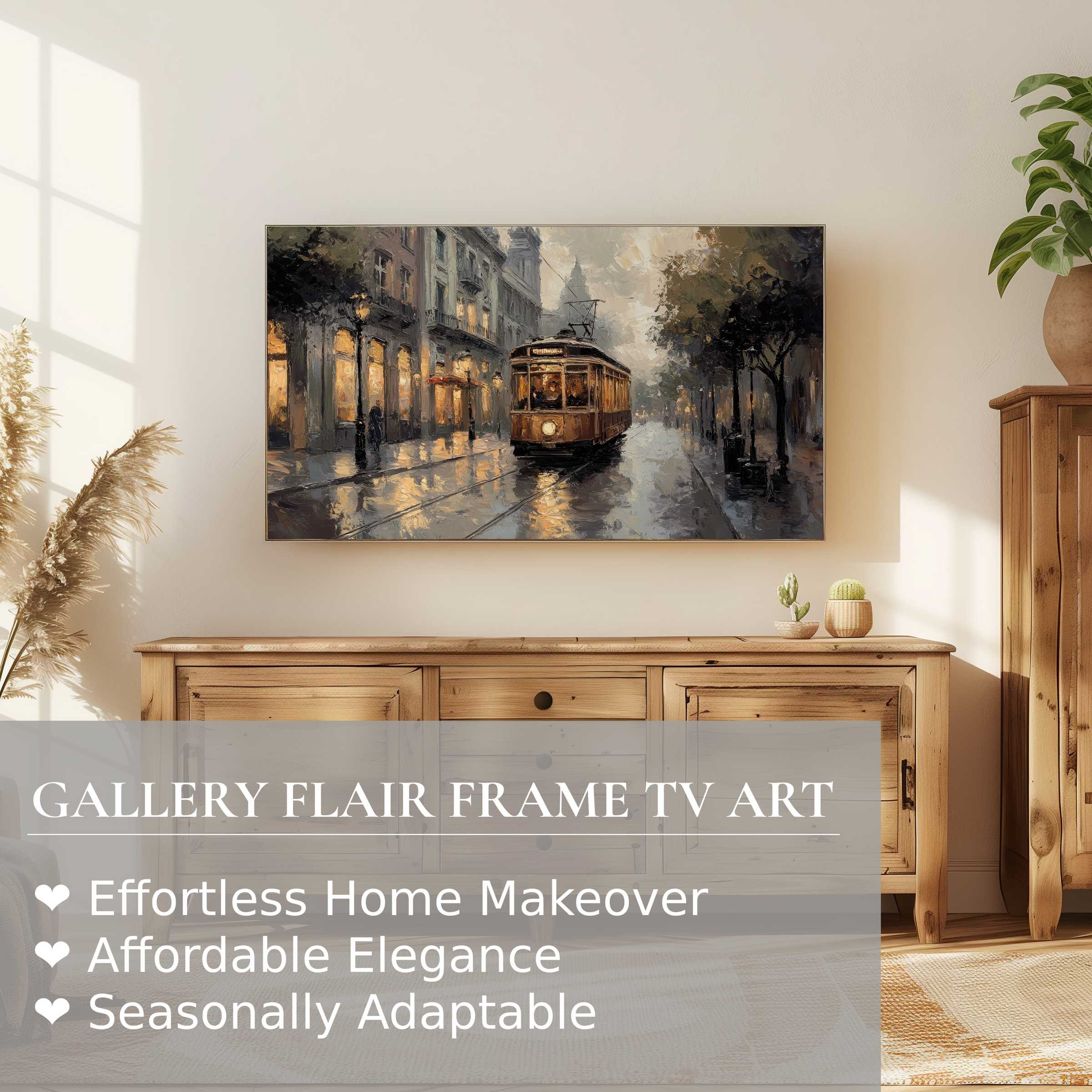 Samsung Frame TV displays elegant urban digital artwork, blending classic city charm with modern home decor