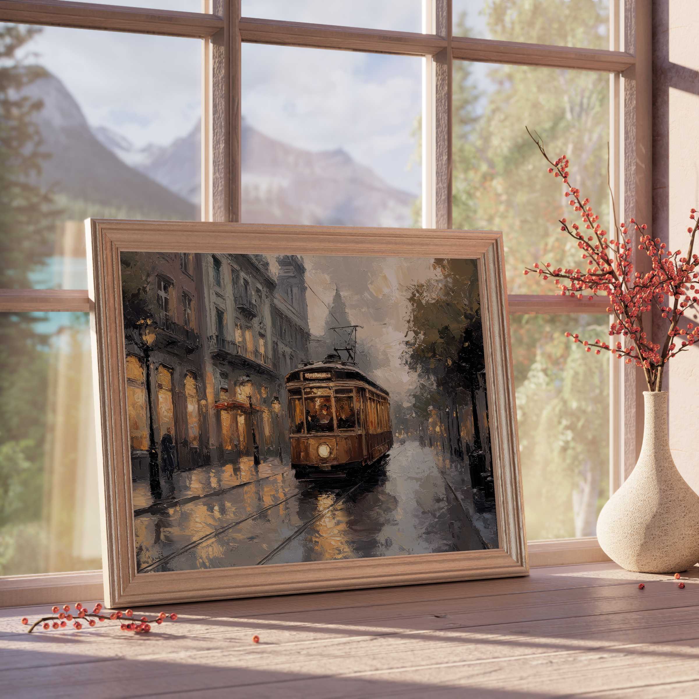 Urban downloadable art capturing a rainy city tram in warm tones, elevating chic, tranquil, design-forward interiors