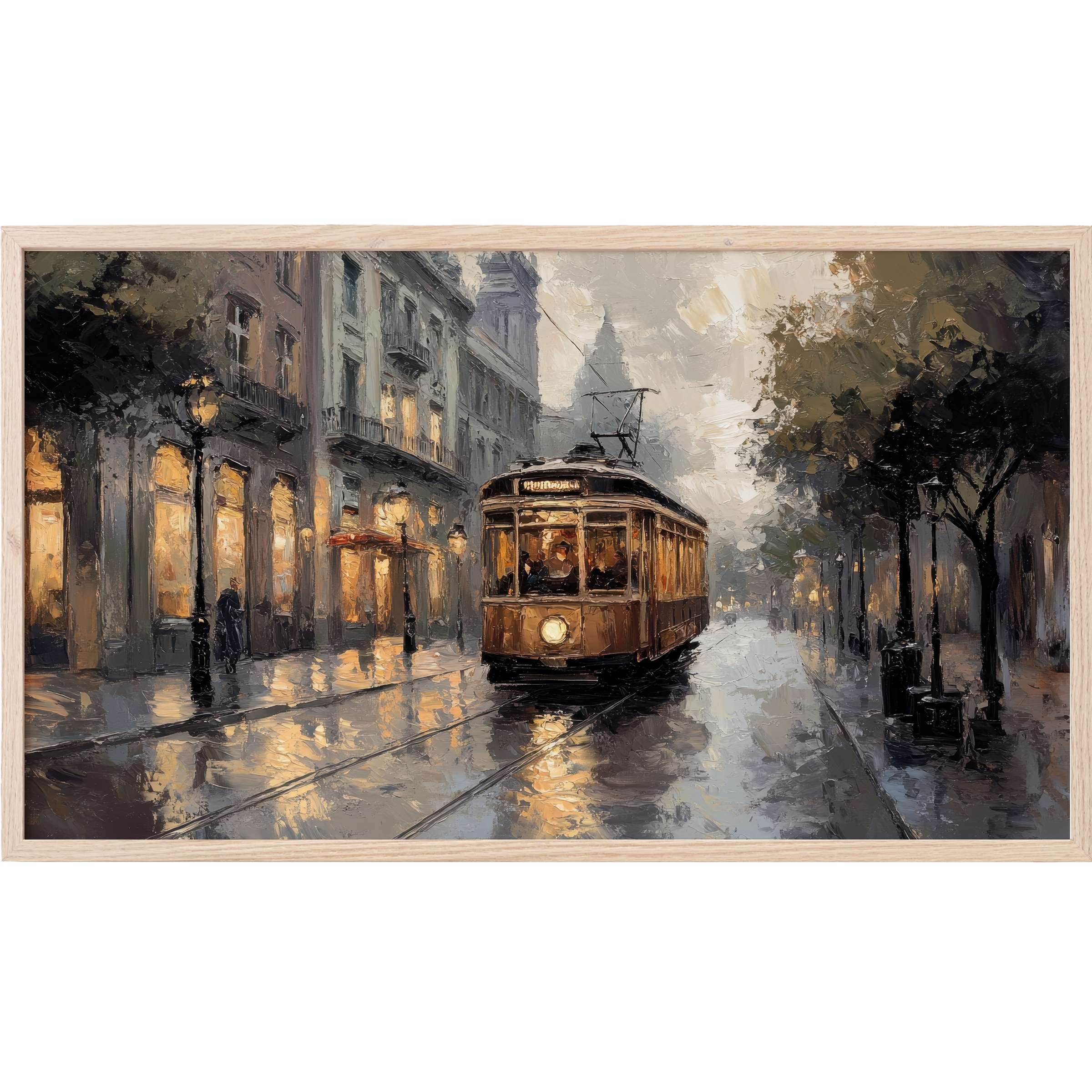 Elegant urban Frame TV Art depicting a rain-soaked streetcar glowing amid muted grays and warm amber light