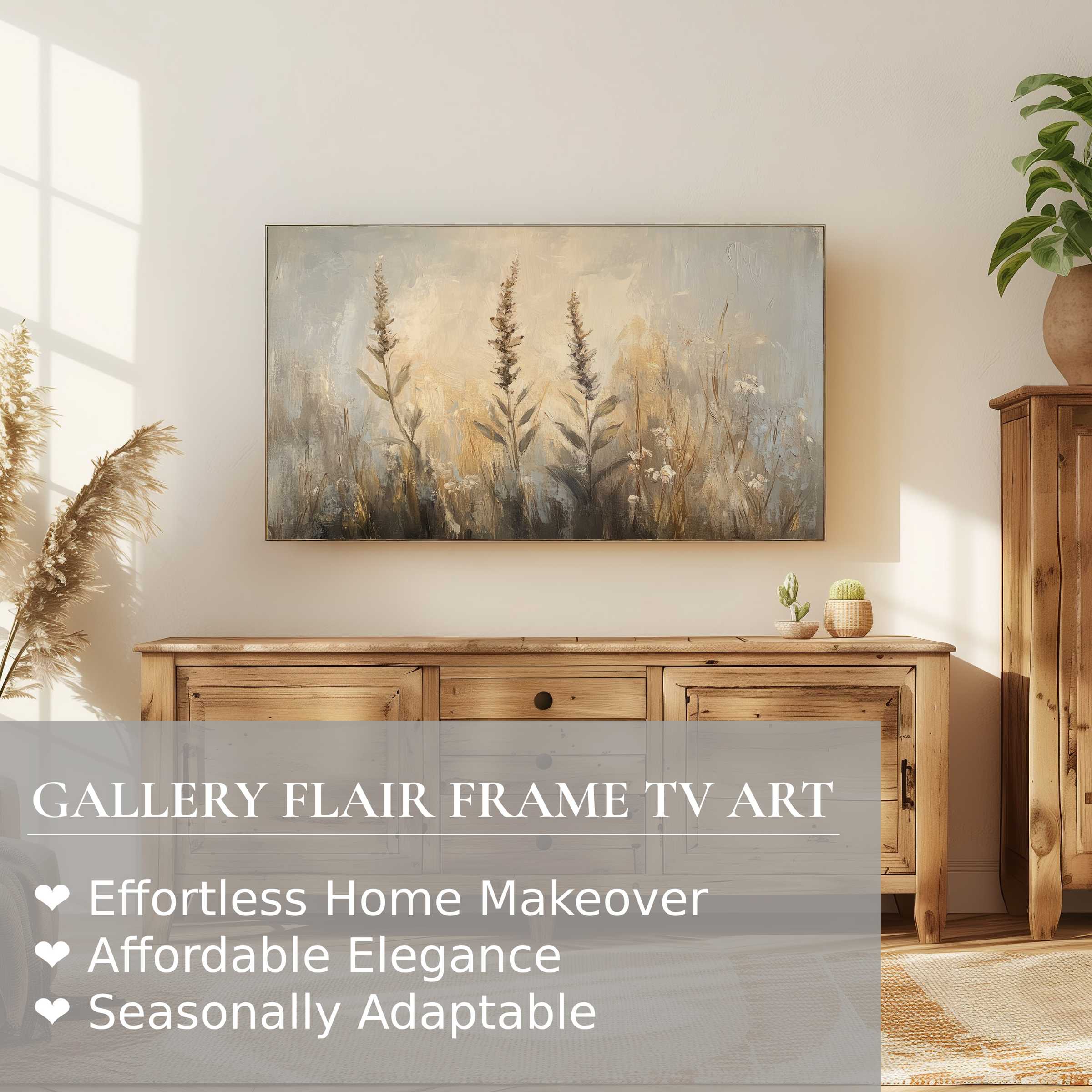 Samsung Frame TV showcasing botanical digital artwork in a warm, natural, modern living space with rustic elegance