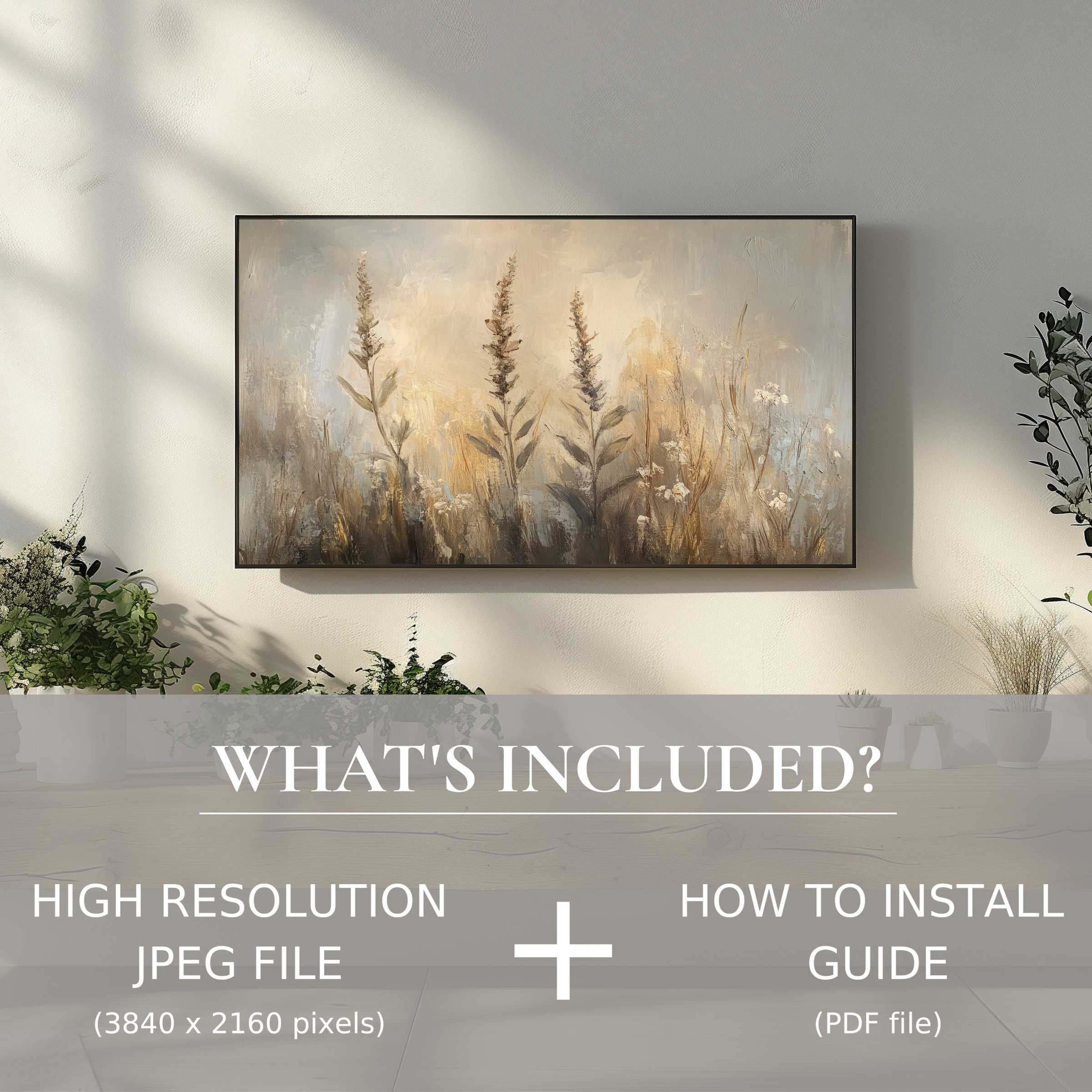 Elegant botanical digital TV art download, easy digital use enhances modern living spaces with serene natural beauty
