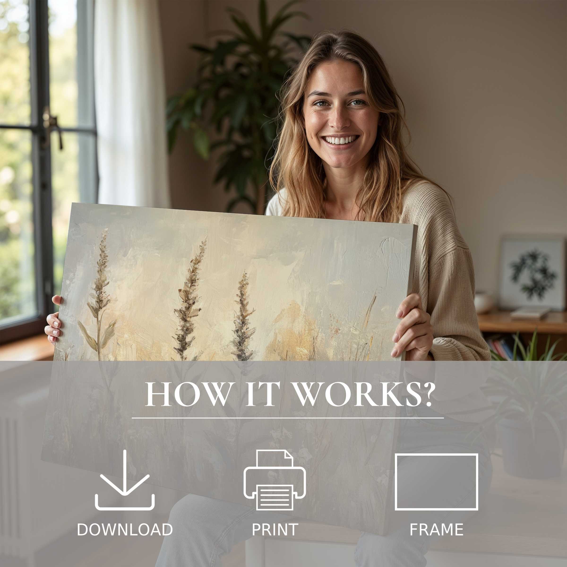 Woman radiates joy in a modern living space, embracing the serene beauty of a botanical digital art print