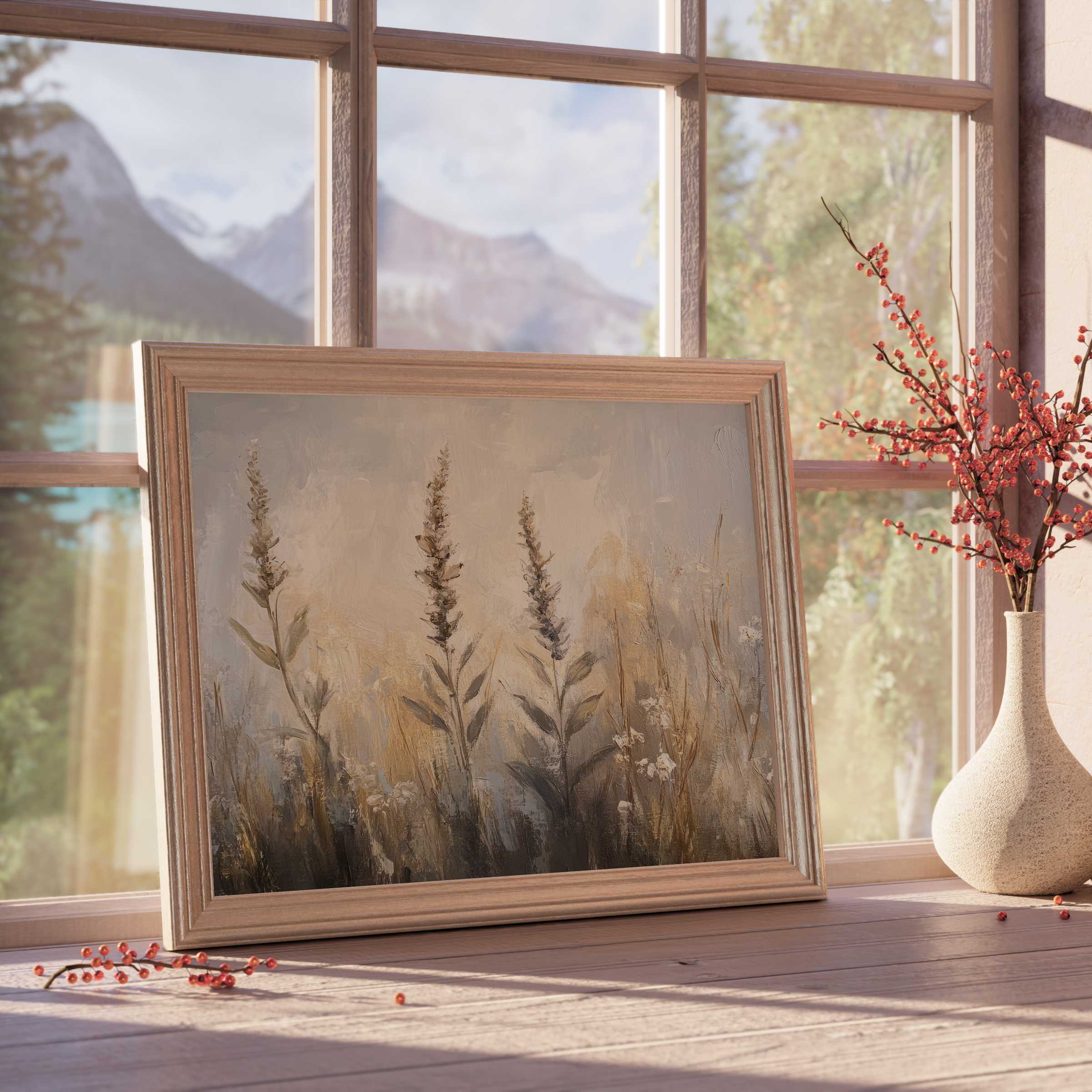 Botanical downloadable art in warm earth tones enriches serene, curated interiors with elegant nature-inspired tranquility