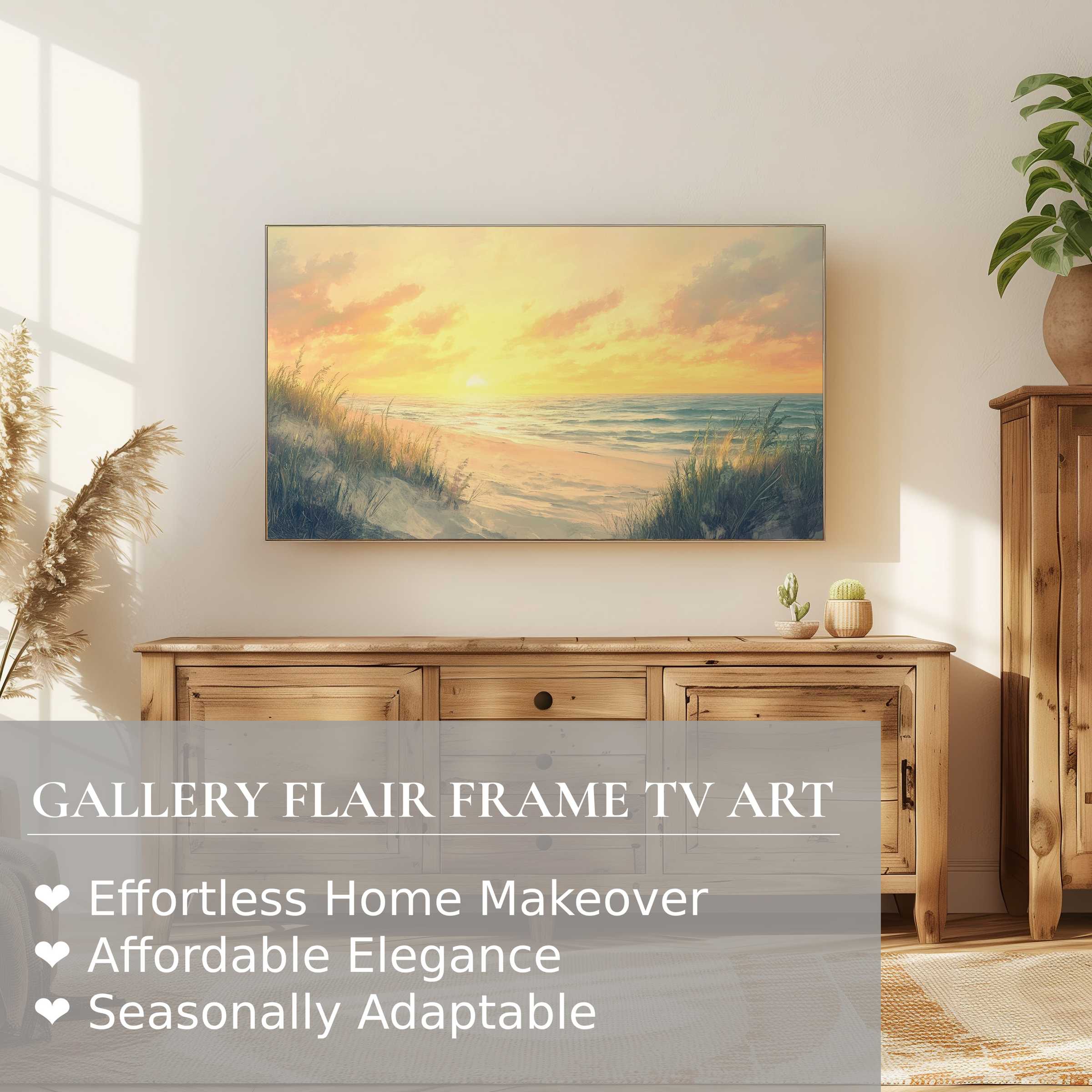 Samsung Frame TV displaying serene coastal digital artwork, perfect for refined, modern home decor settings