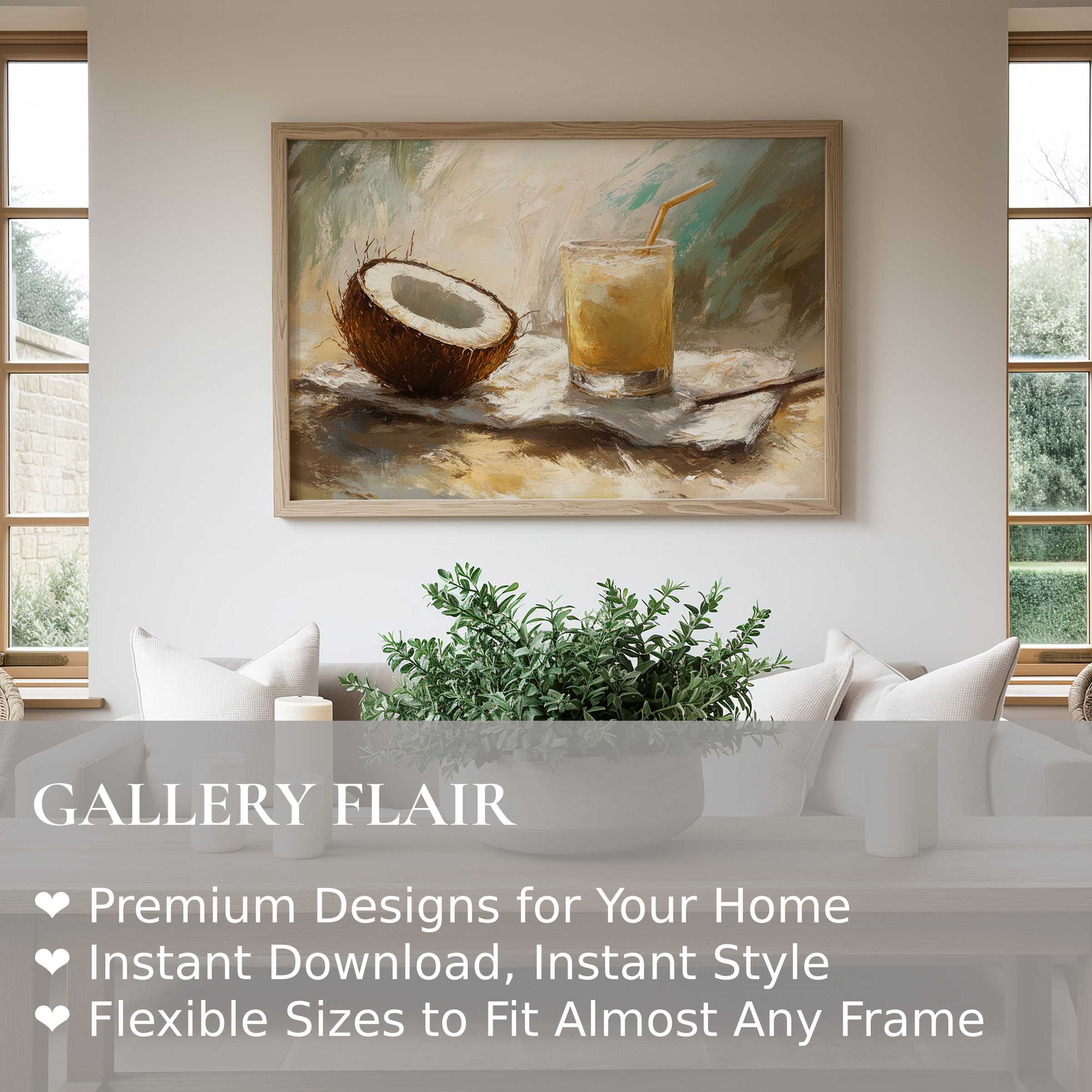 Serene beach wall art print featuring a radiant coconut and tropical drink, enriching modern coastal interiors with calming, natural elegance