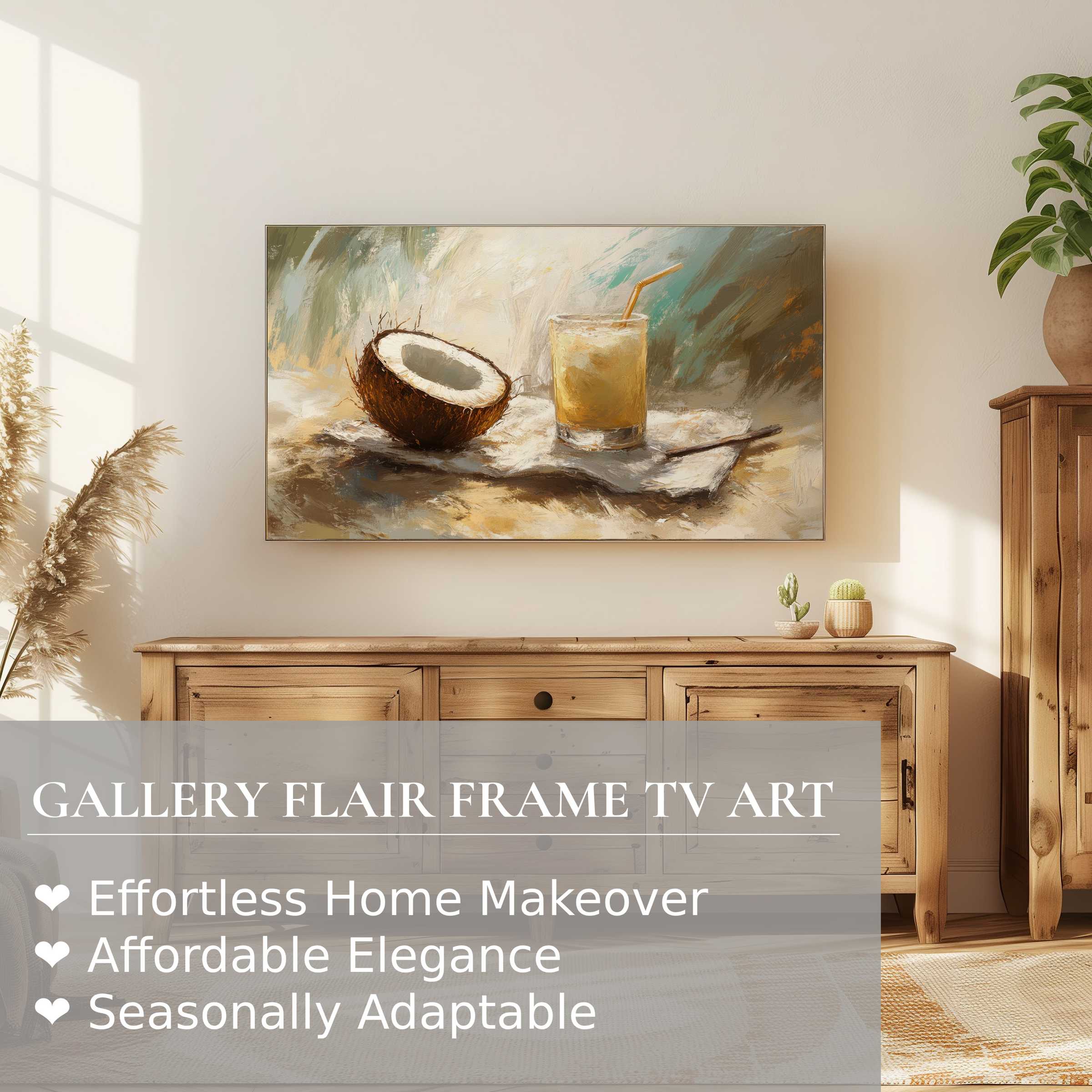 Modern Samsung Frame TV displays elegant beach digital artwork of a coconut and drink, perfect for refined home decor