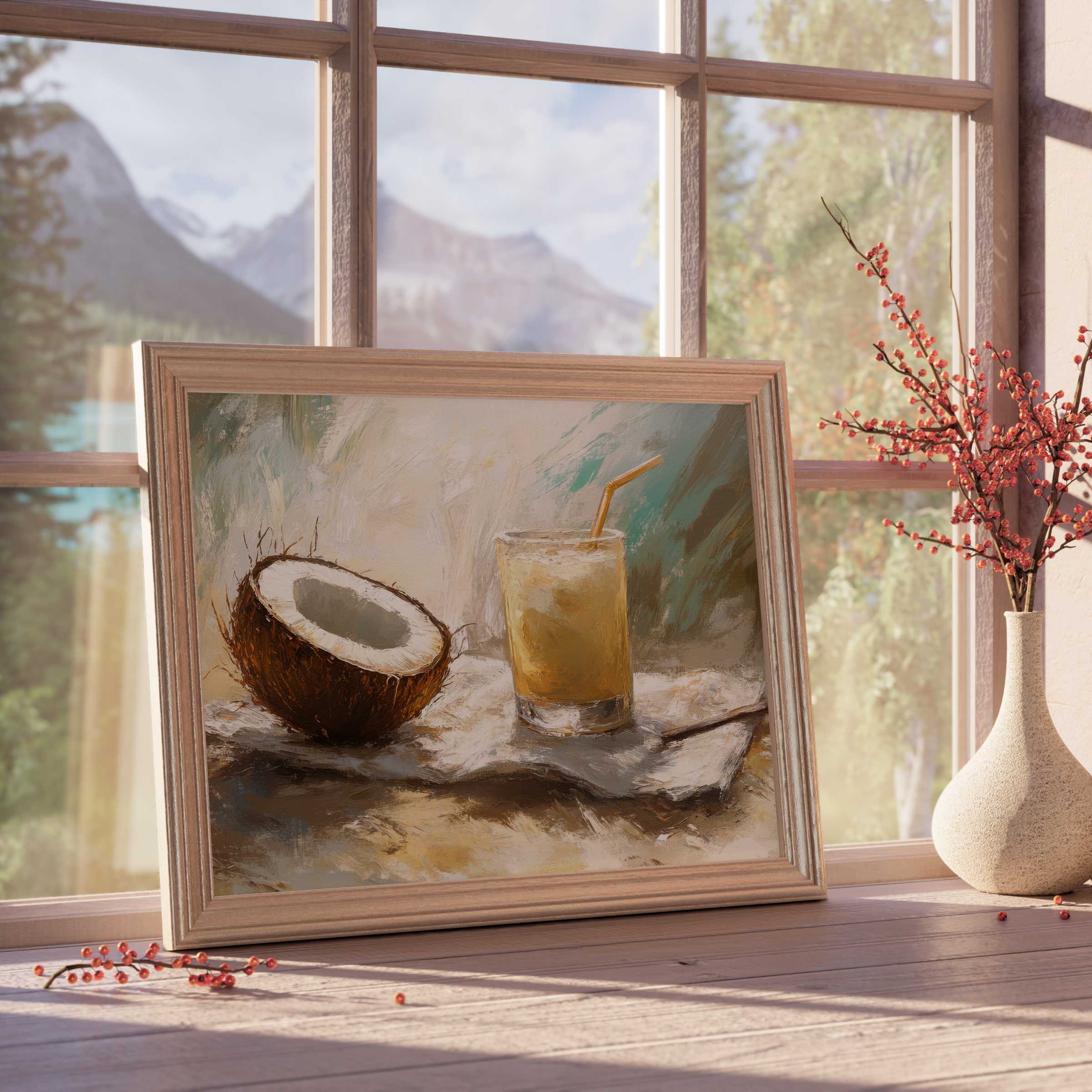 Beach downloadable art showcasing a serene coconut and tropical drink still life, enriching chic, tranquil interiors with warm coastal elegance