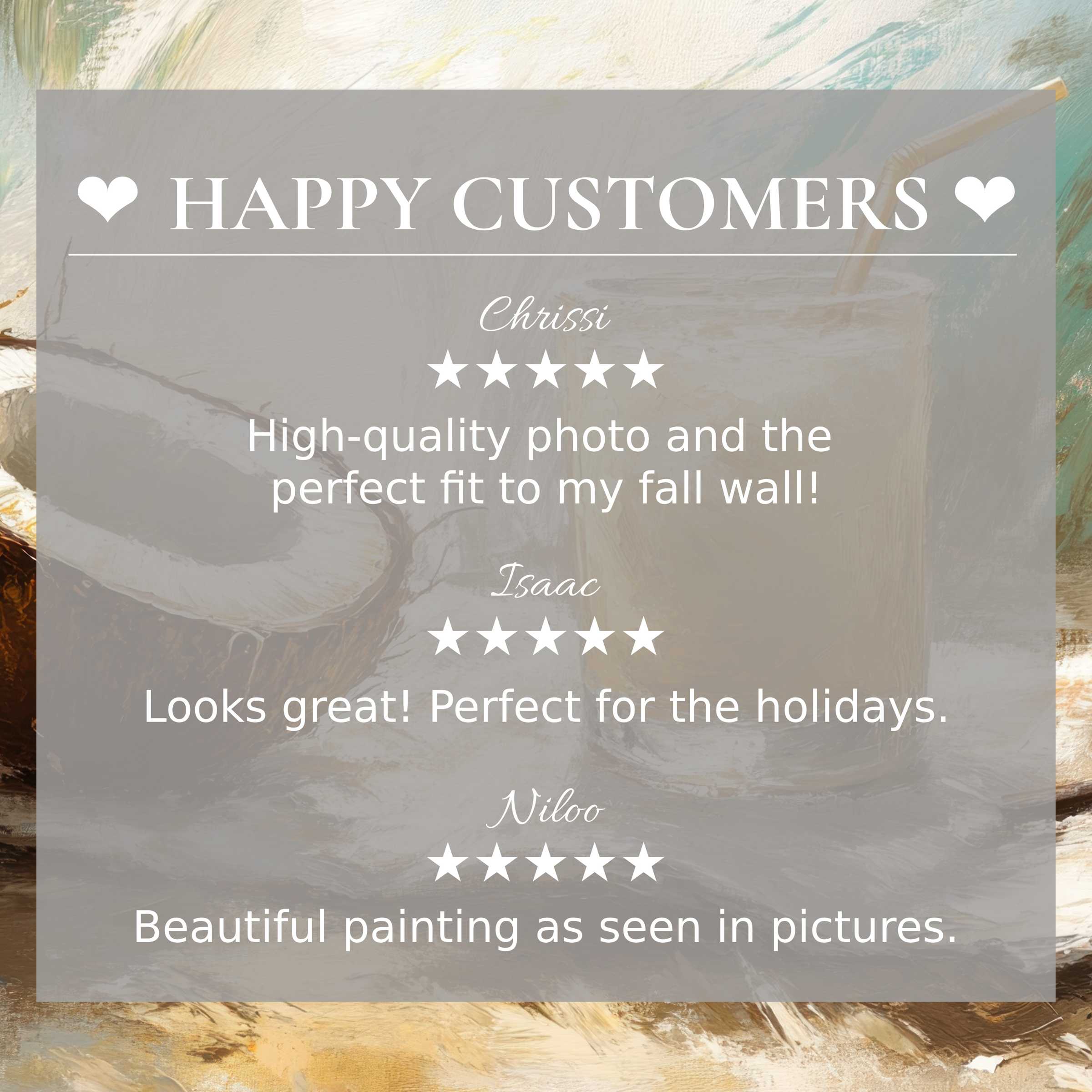 Beach art for Frame TV with abstract sunset tones, showcasing happy customer reviews and elegant product trust