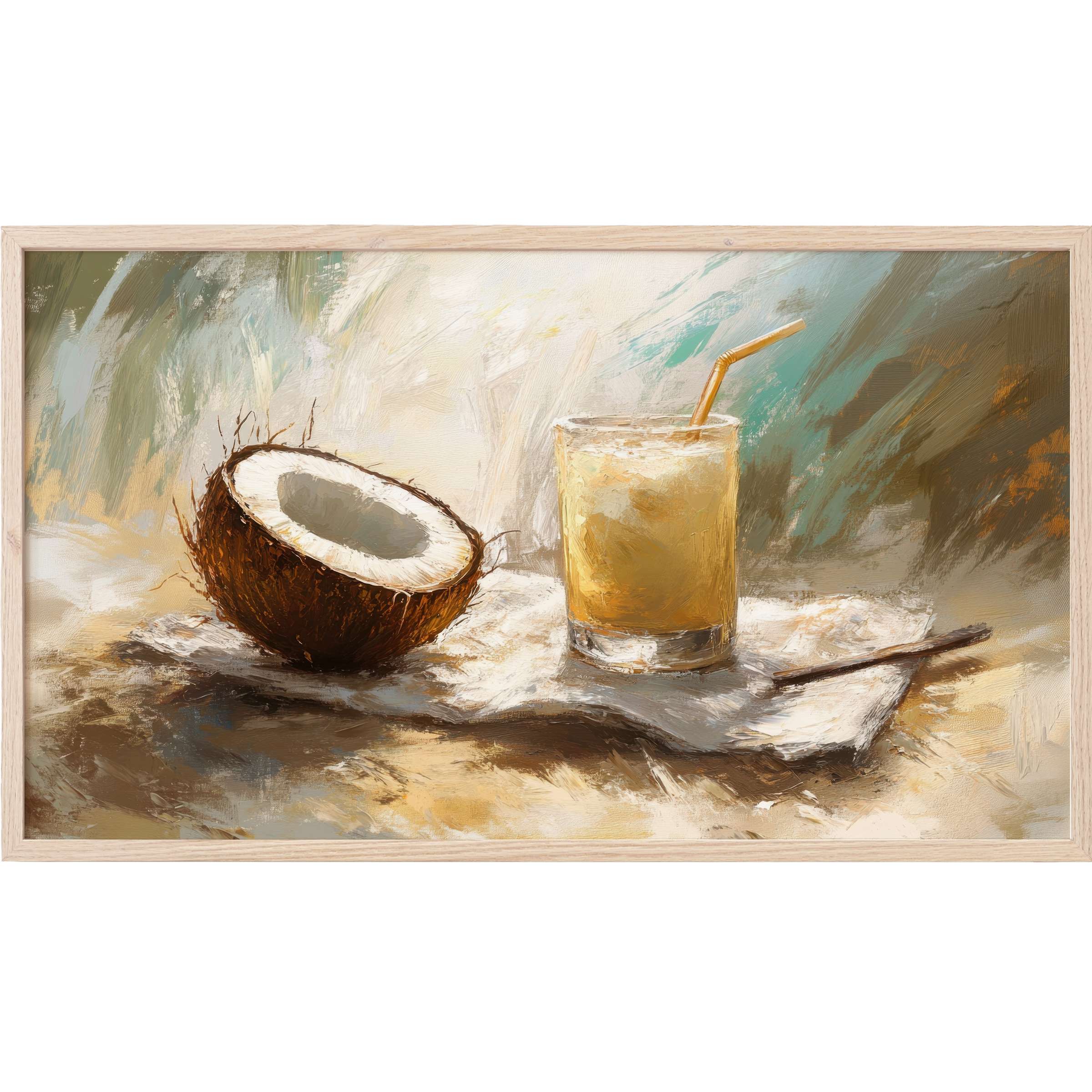 Elegant still life of a coconut and tropical drink in muted earth tones, perfect beach Frame TV Art
