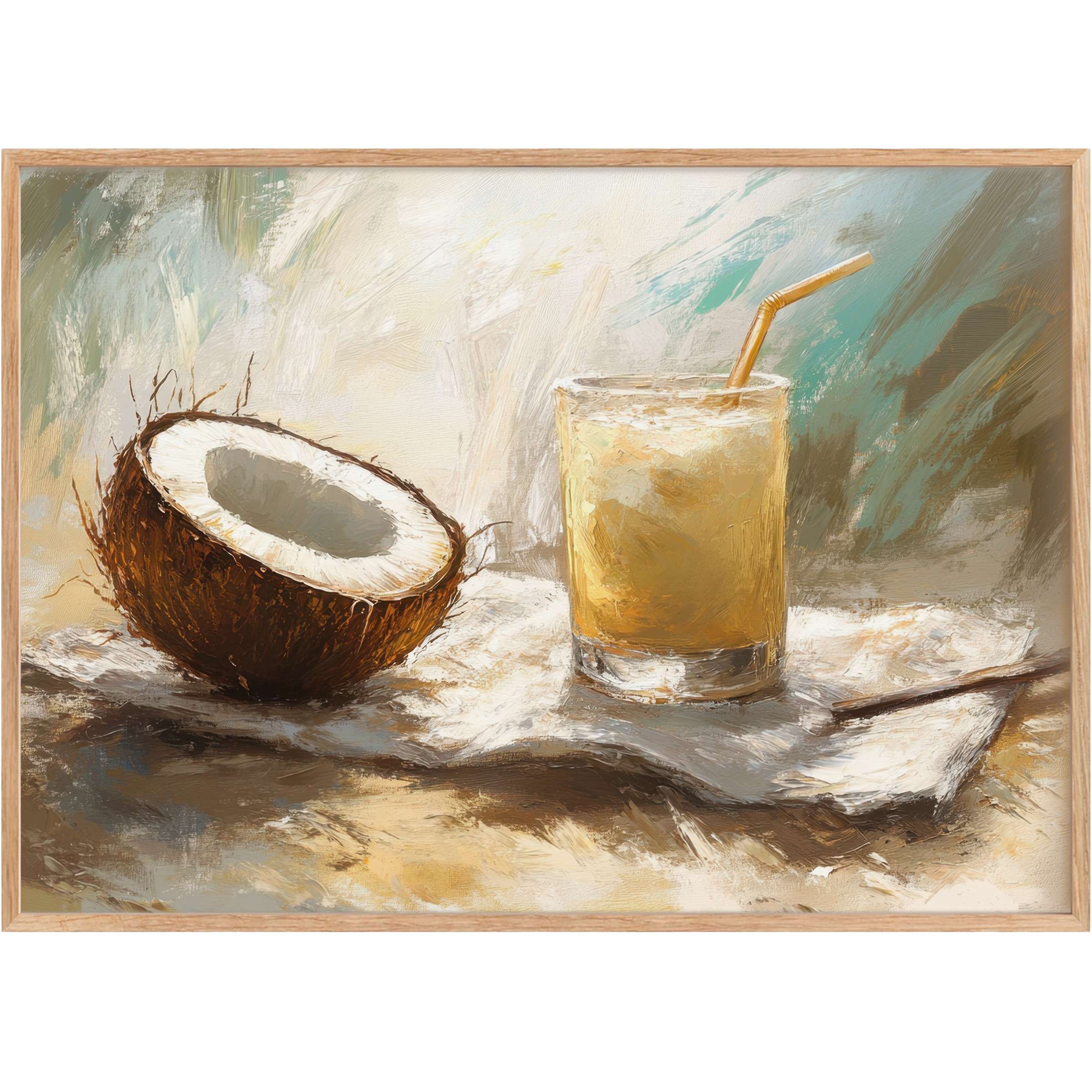 Beach printable wall art featuring a radiant coconut and iced drink in warm sandy tones, evoking serene coastal elegance