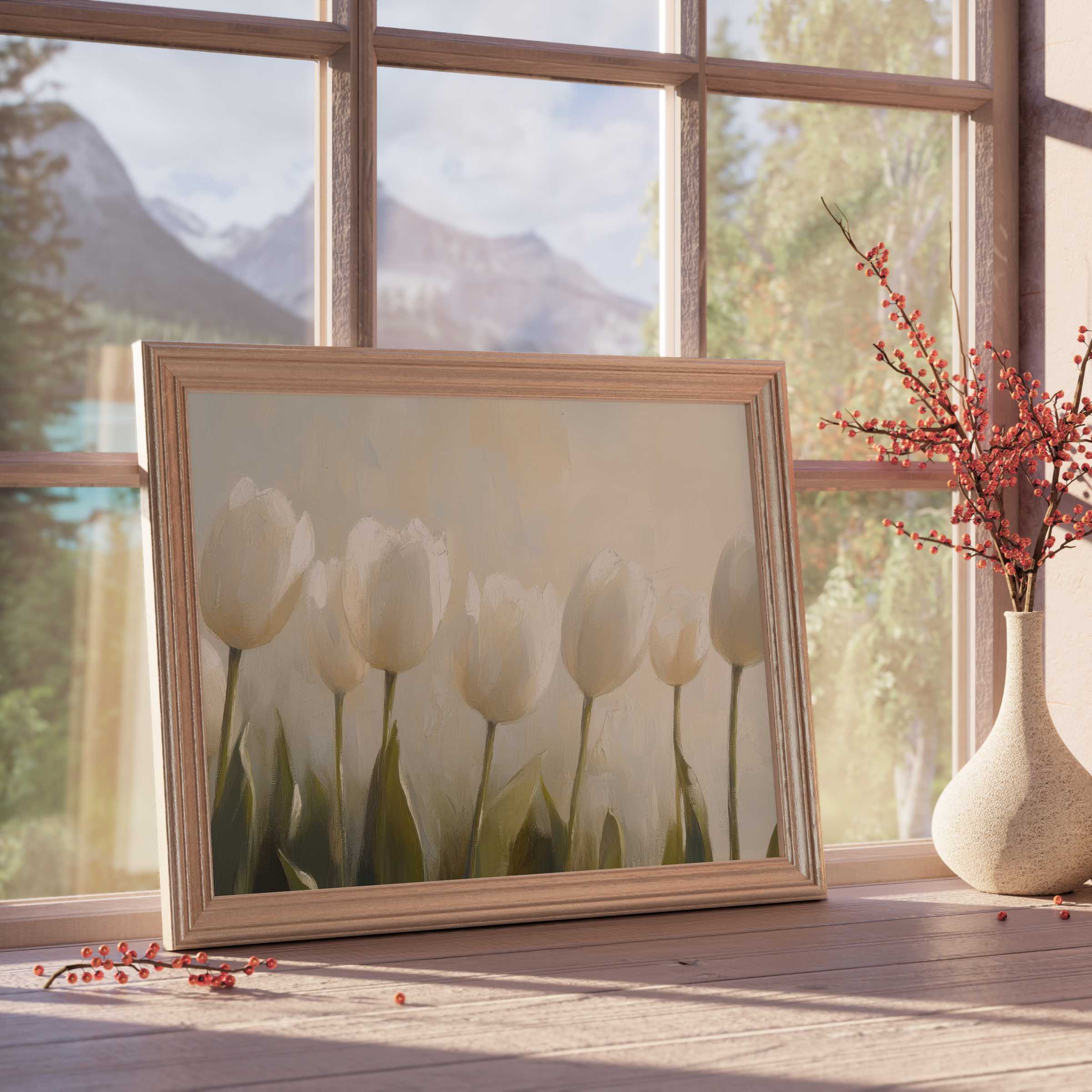 Spring downloadable art featuring serene white tulips in soft sunlight, elevating curated interiors with tranquil, nature-inspired elegance