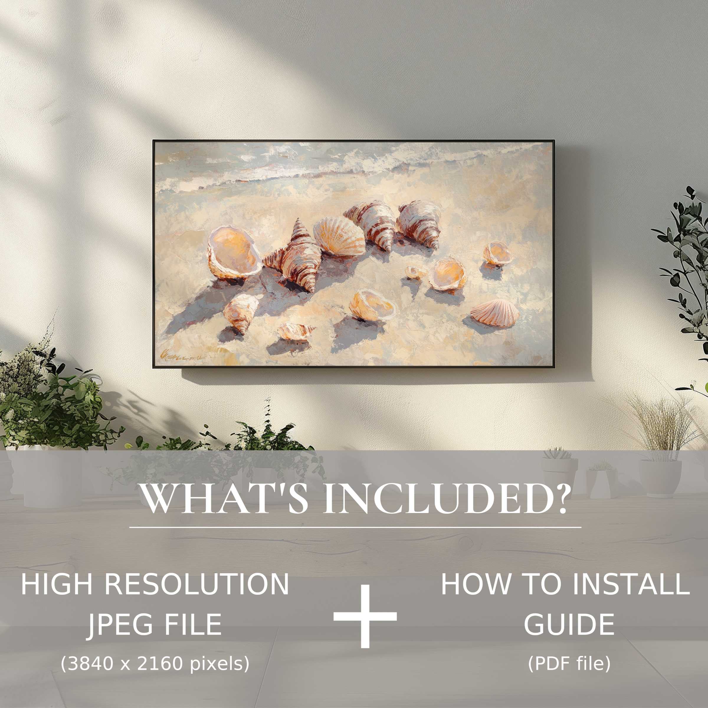 Elegant summer digital TV art download of seashells brightens modern living spaces with easy digital use and installation guide