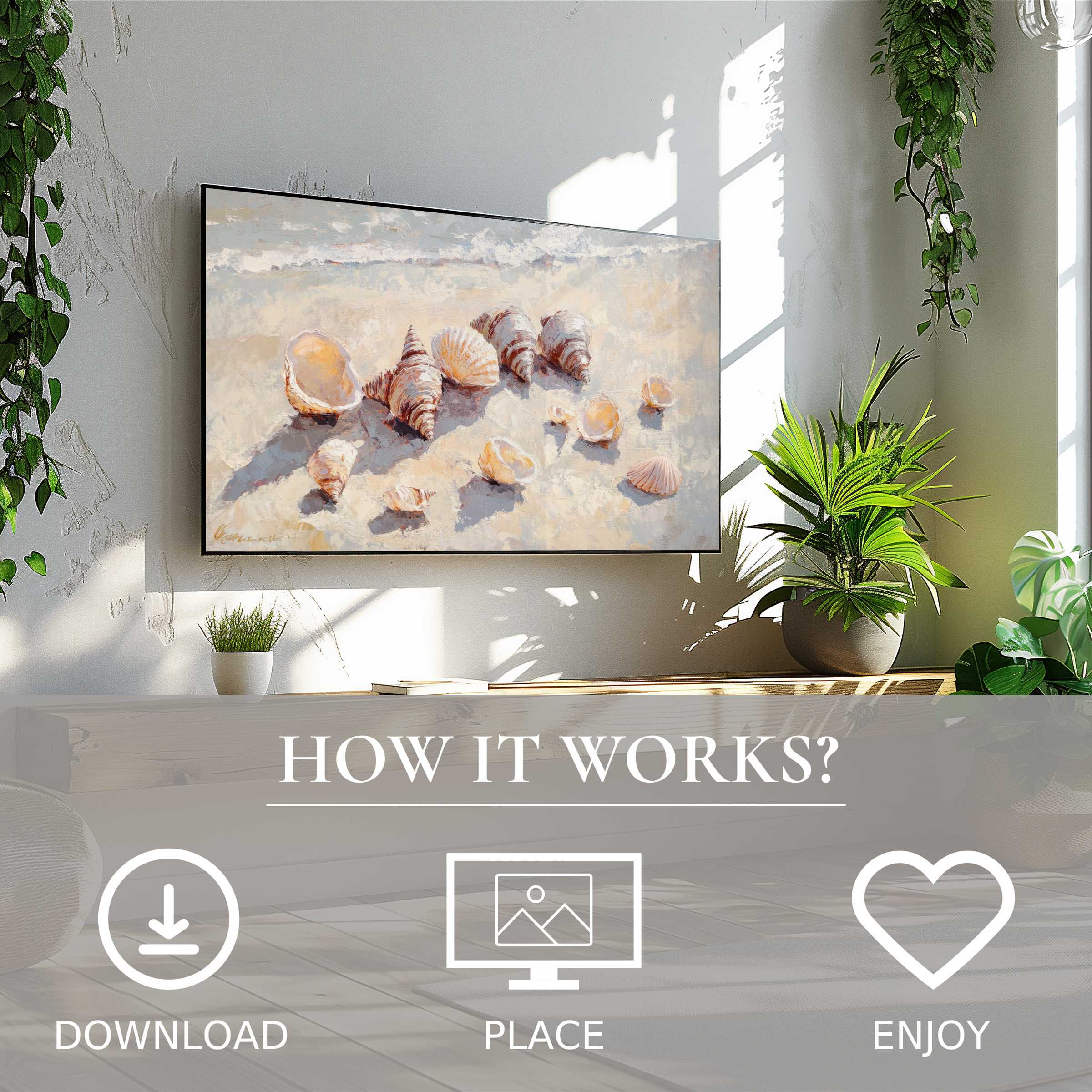 Summer art for Samsung TV showing soft sandy shells, easy digital download to enrich bright, green living spaces with calm motifs