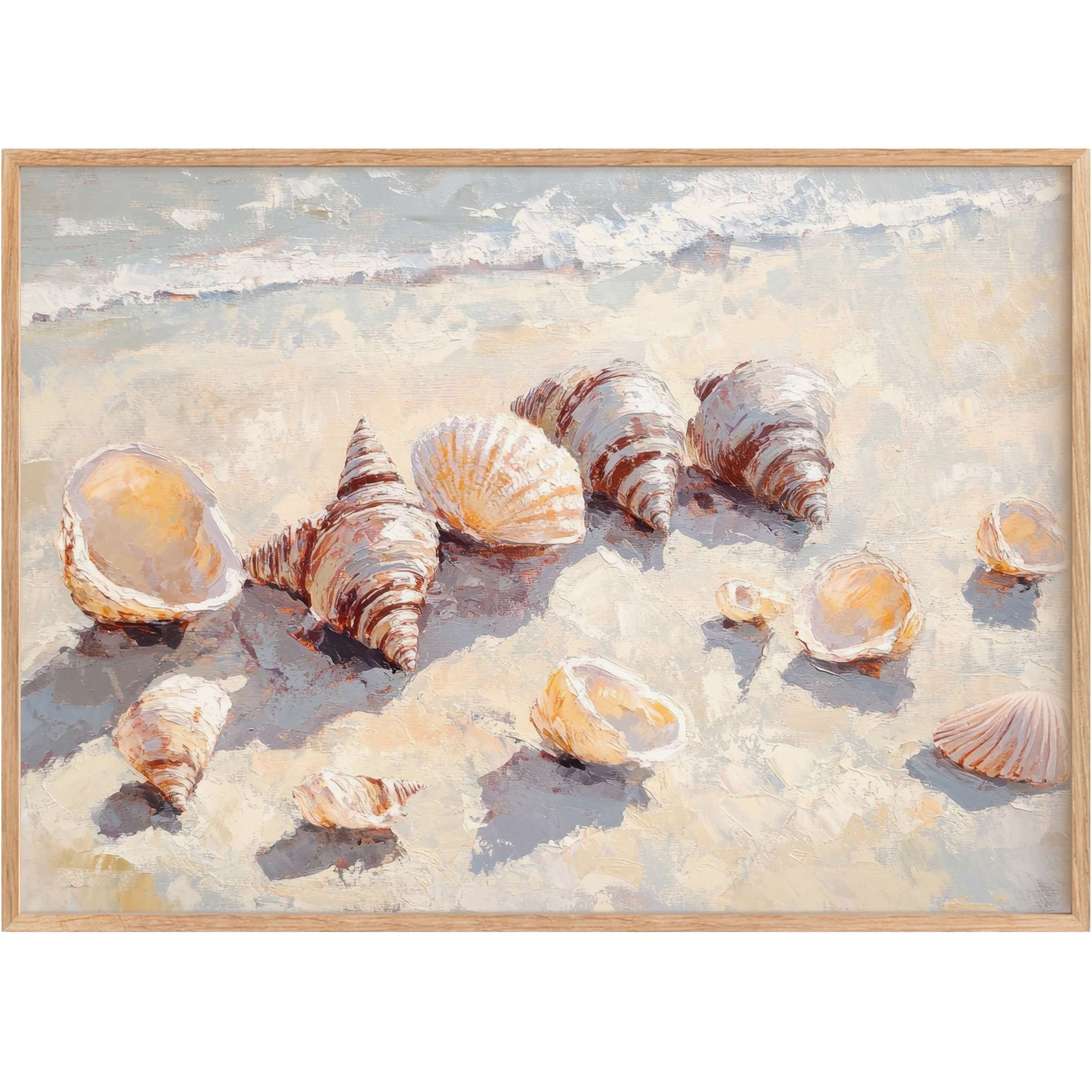 Summer printable wall art featuring sunlit seashells in soft creams and warm corals, evoking a serene coastal elegance