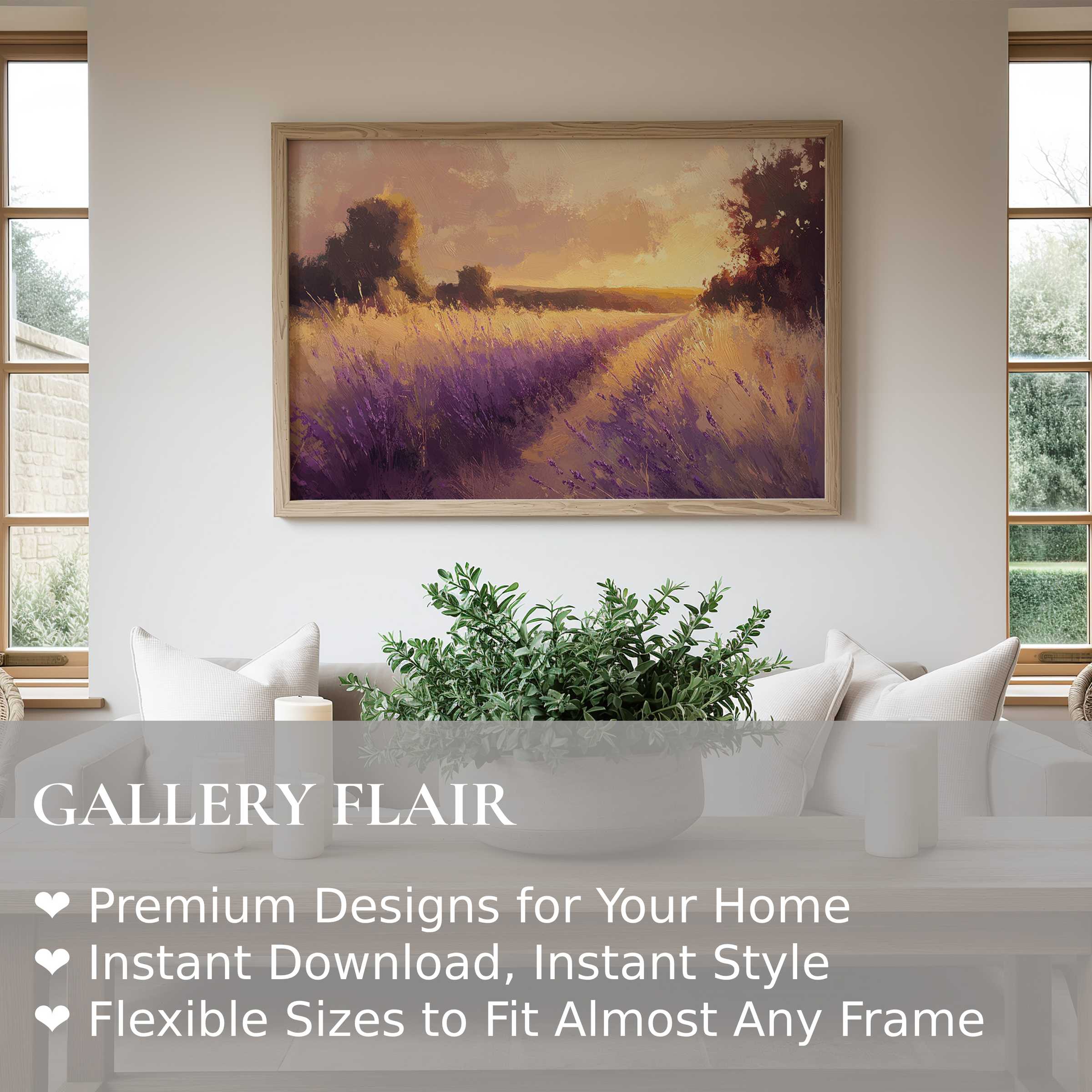 Landscape wall art print of serene lavender fields at sunset, radiating warm, calming hues in a modern, minimalist living space