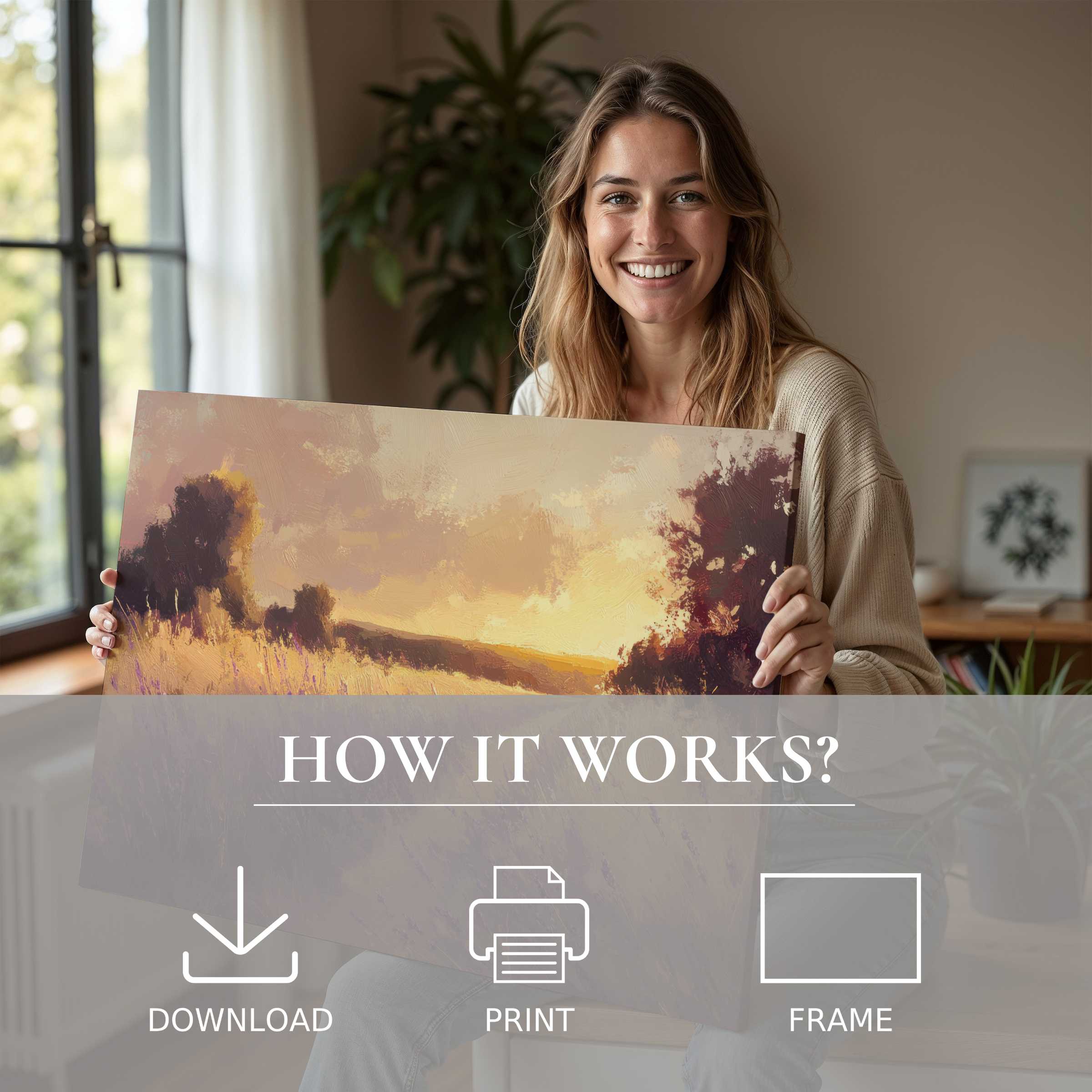 Radiant landscape digital art print brought to life in a serene modern home, evoking joy and effortless elegance