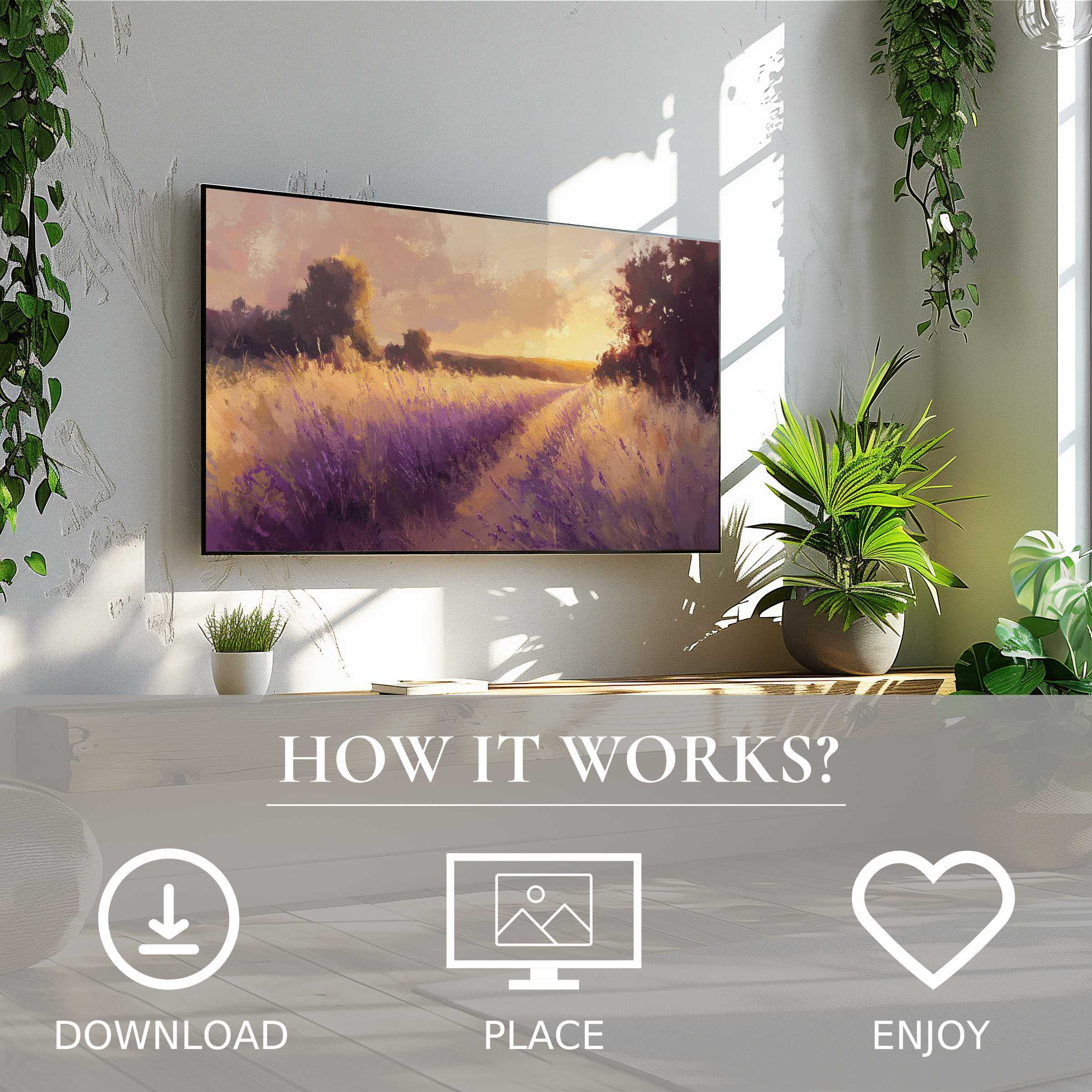 Landscape art for Samsung TV shows soft sunset tones, easy digital download, enriching bright, modern living spaces with abstract nature motif