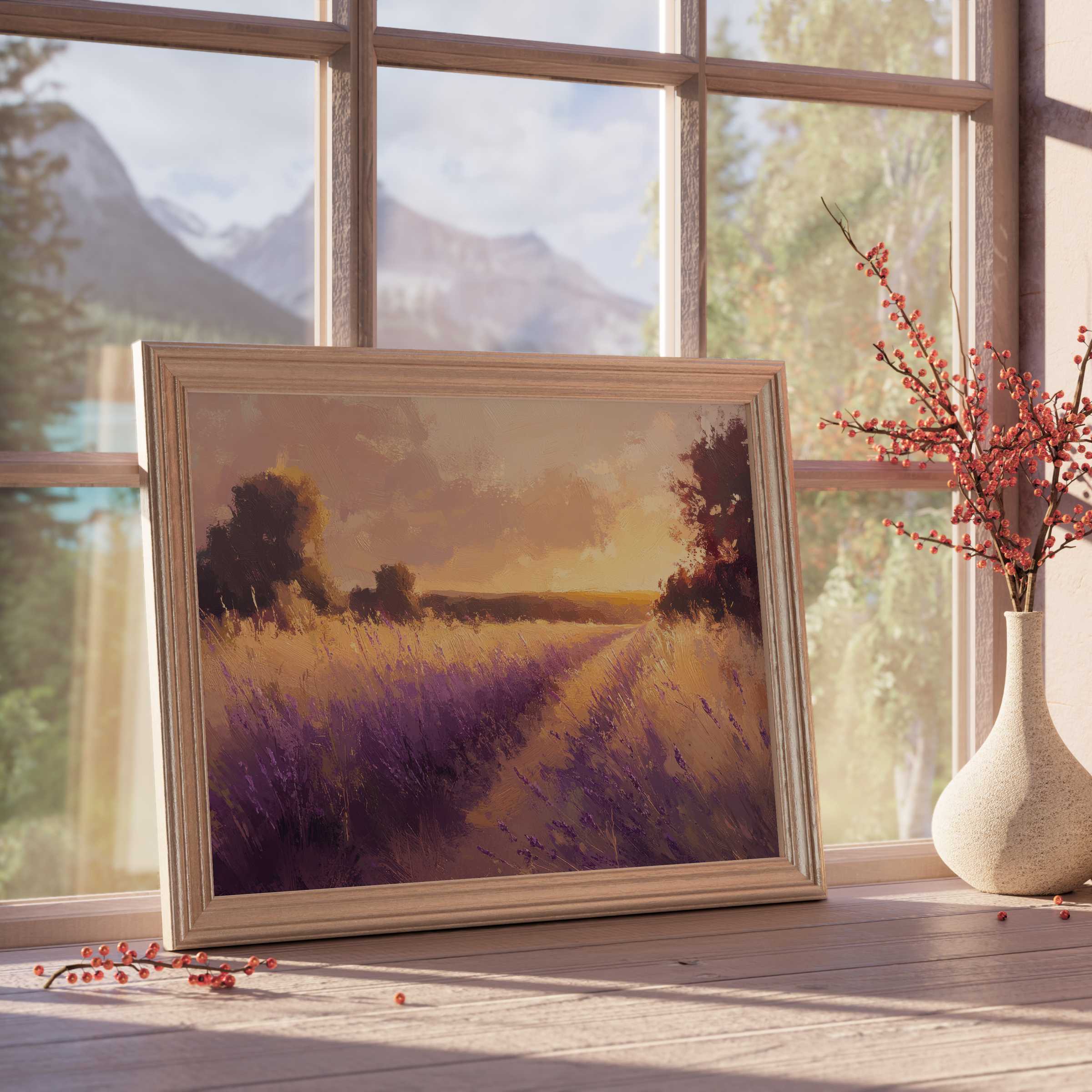 Landscape downloadable art capturing a warm, tranquil lavender field at sunset, elevating refined, serene interiors
