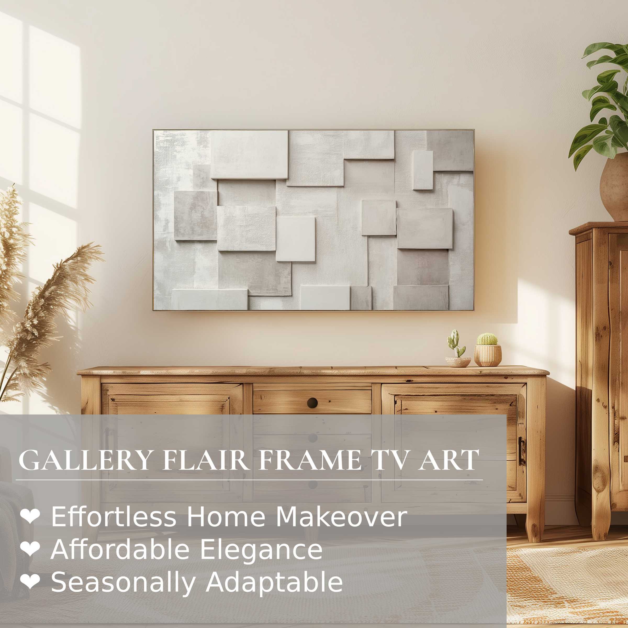 Samsung Frame TV showcasing neutral digital artwork with modern geometric textures in a warm, elegant setting