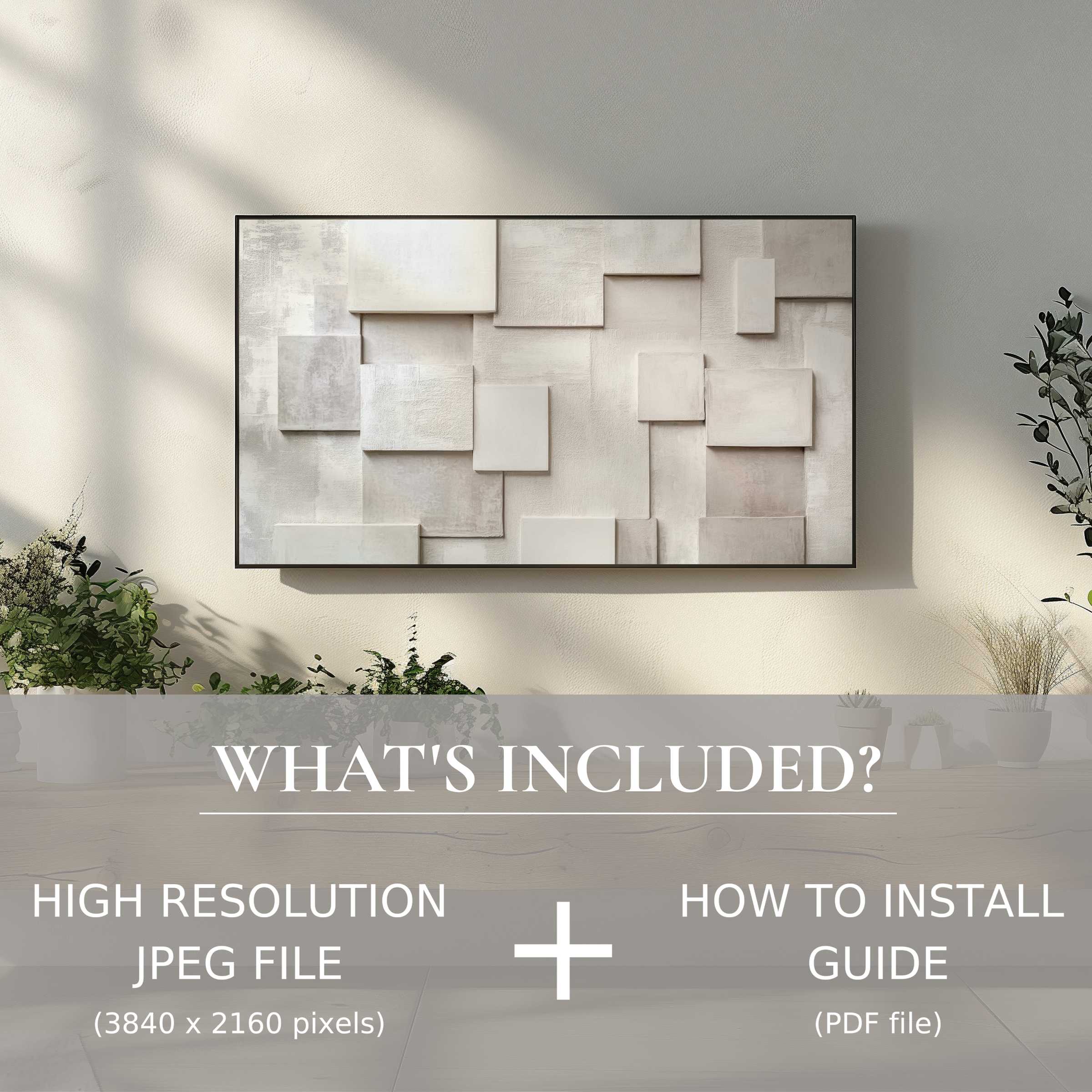 Elegant living space featuring neutral digital TV art download, effortlessly enhancing decor with easy digital use