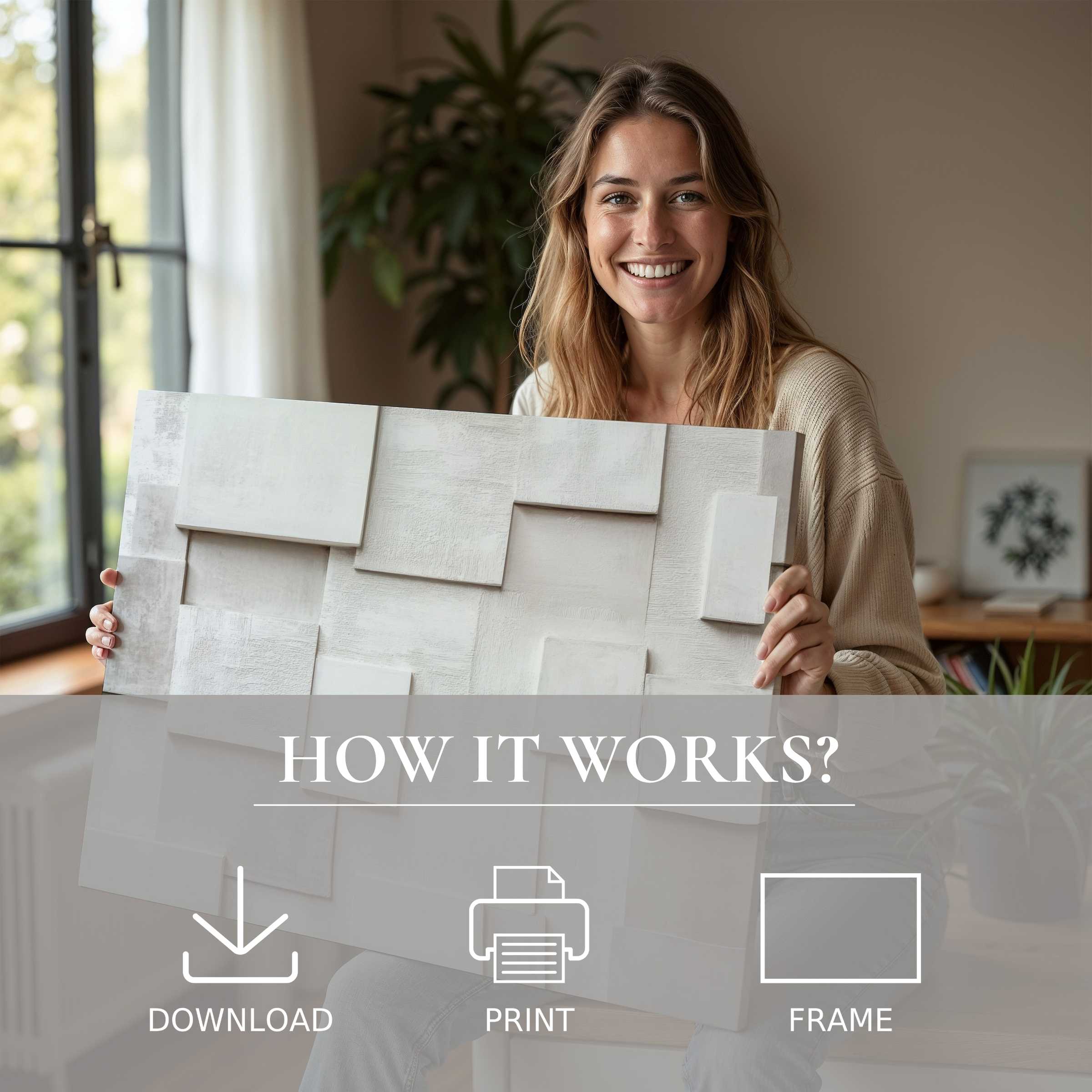 Smiling woman radiates warmth in a stylish home, embracing a serene neutral digital art print that transforms living spaces