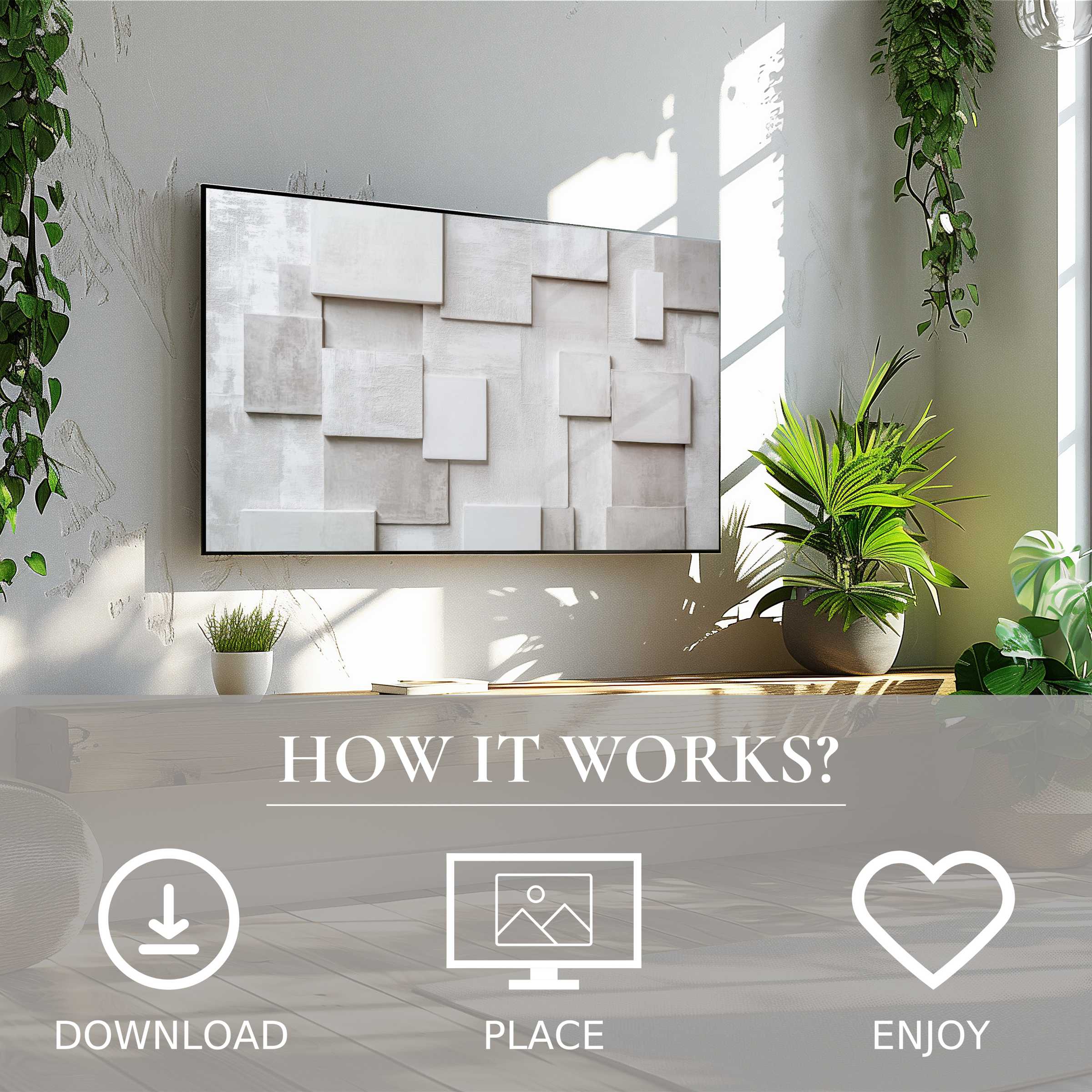 Neutral art for Samsung TV shows soft gray geometric shapes, easy digital download enriches modern living space