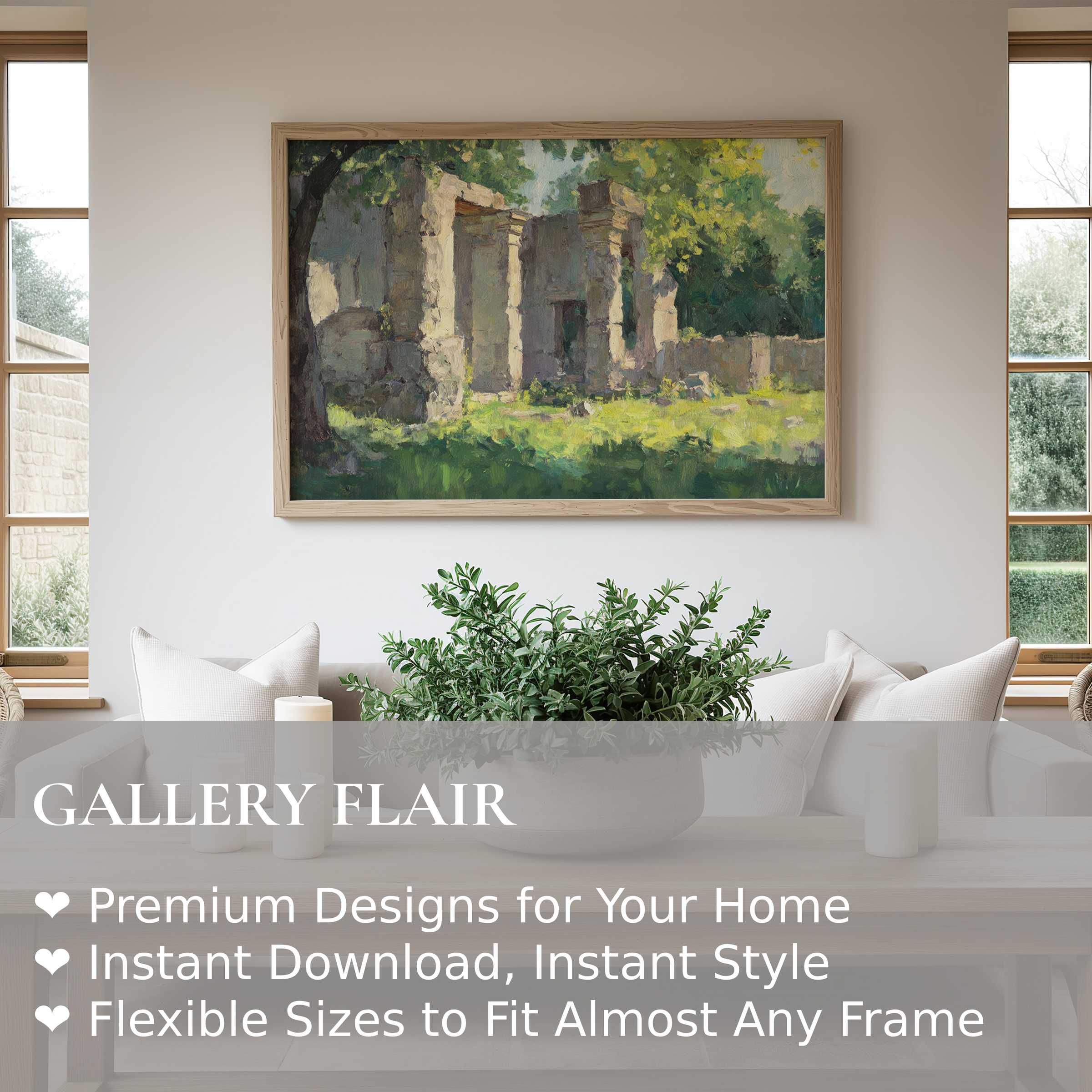 Vintage wall art print depicting sunlit ruins in lush greenery, evoking tranquil charm in a contemporary, nature-inspired living space