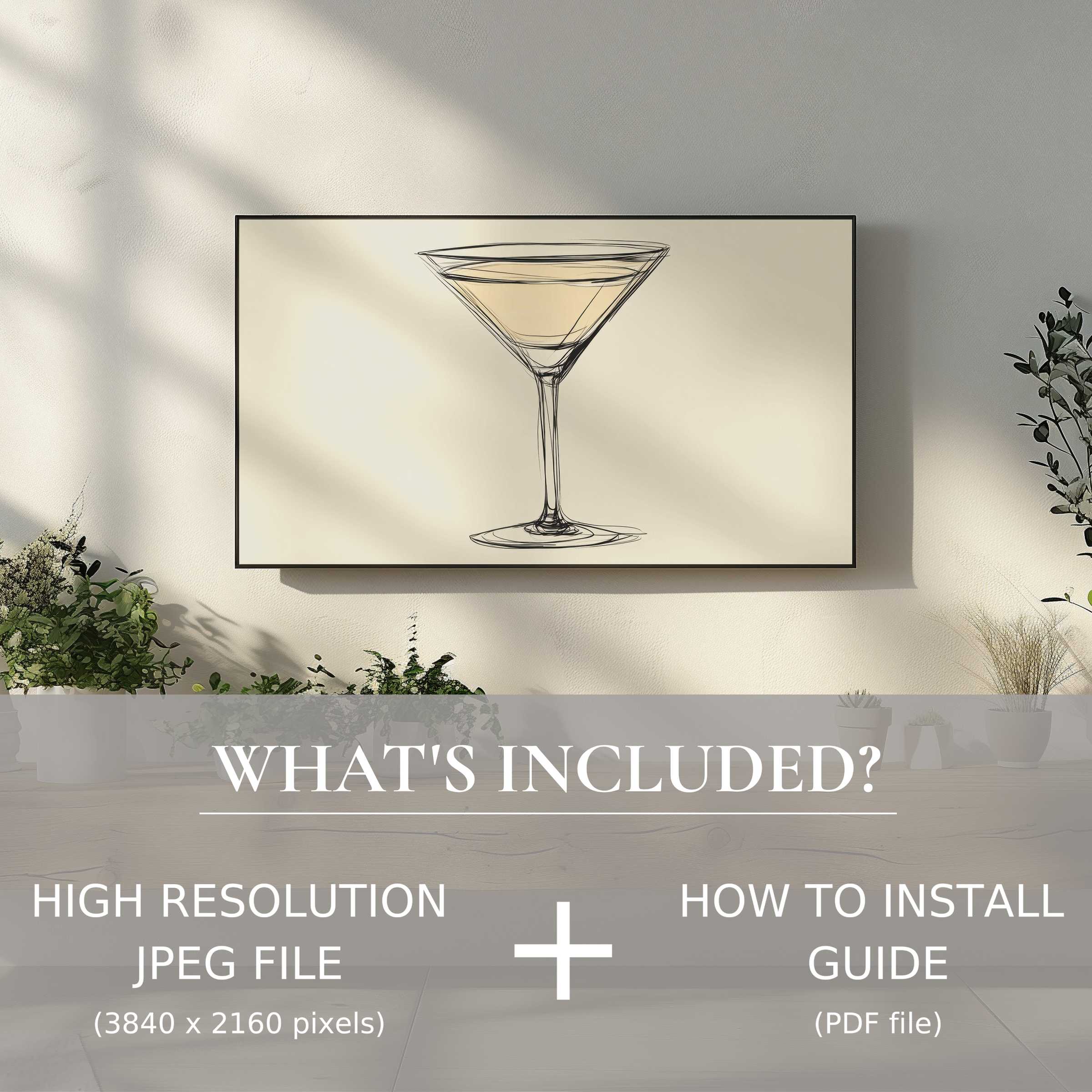Minimalist digital TV art download of elegant martini sketch, enhancing décor with easy digital installation