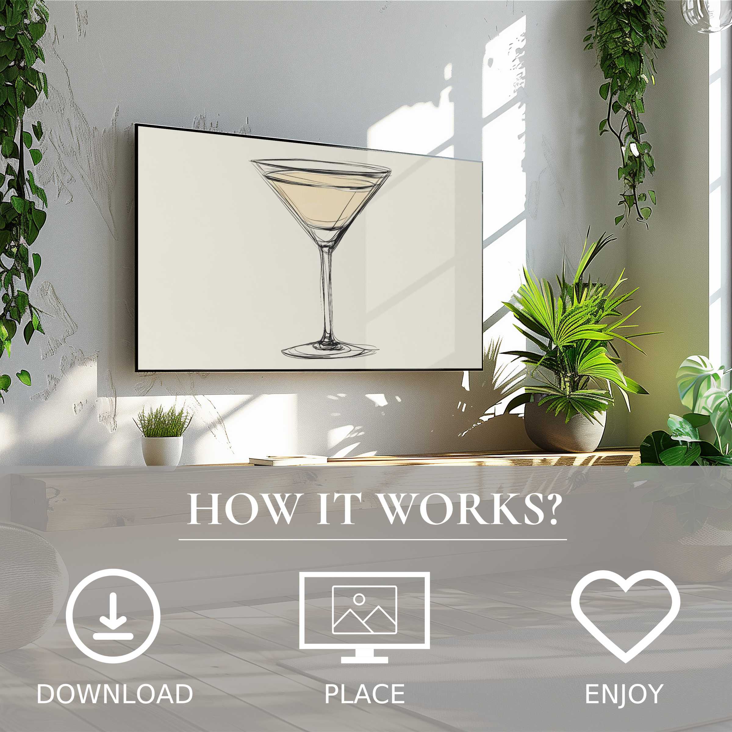 Minimalist art for Samsung TV: easy digital download, soft beige sketch of a cocktail glass enriches bright living spaces