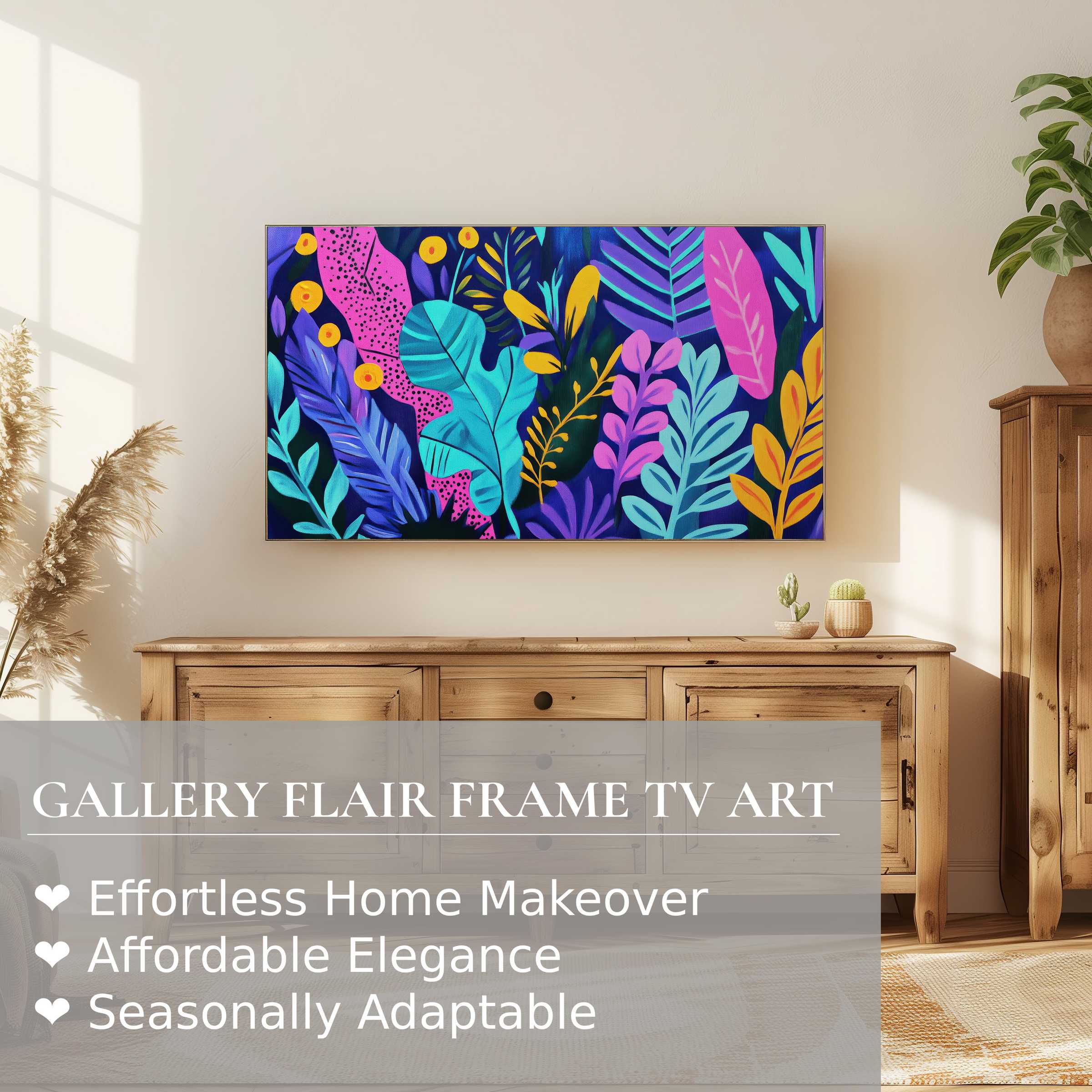 Vibrant pop art digital artwork of colorful leaves on Samsung Frame TV in a chic, sunlit modern living space