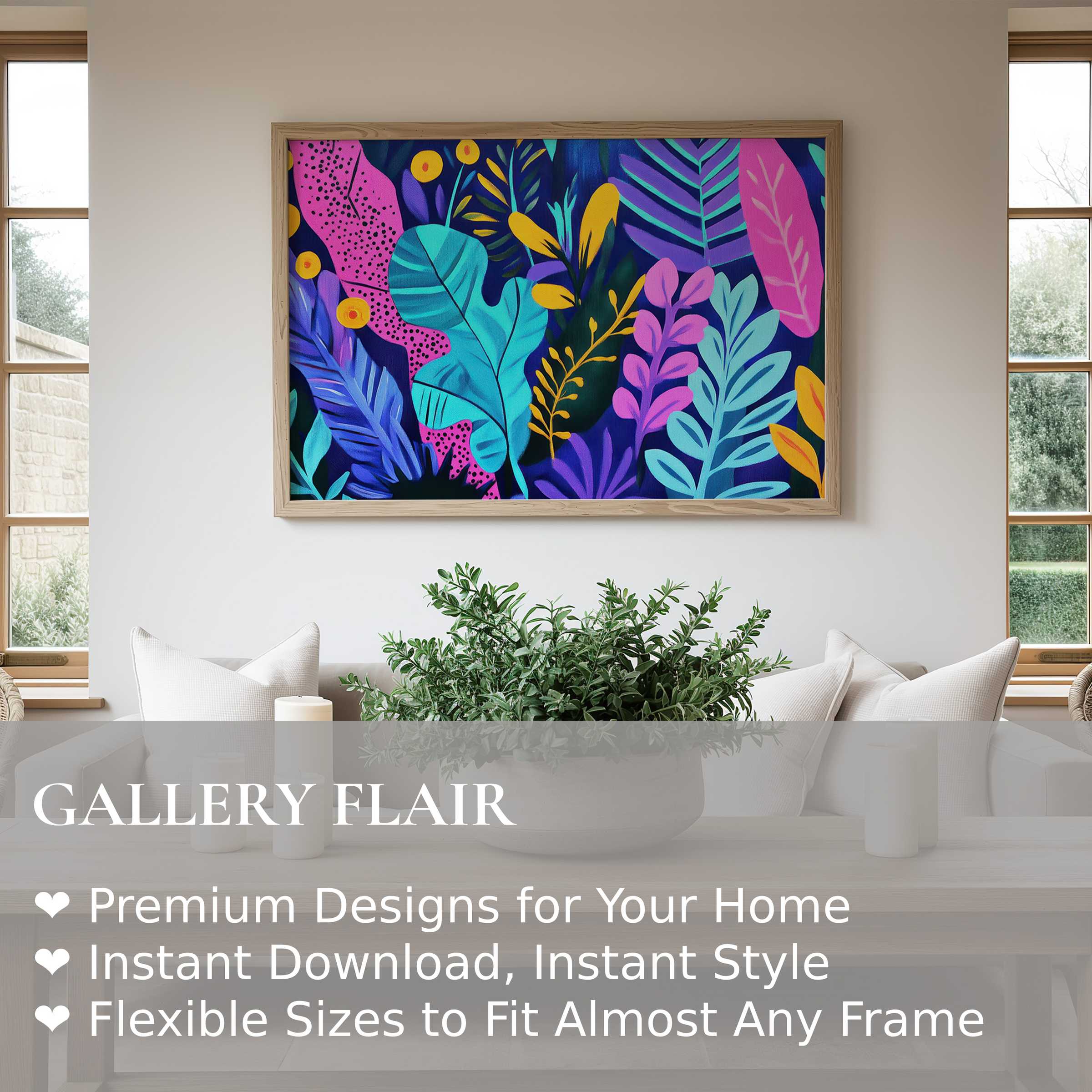 Vibrant pop art wall art print featuring bold tropical leaves in electric blues, pinks, and yellows Enhances modern, minimalist interiors with radiant, lively charm and fresh botanical energy Perfect for style-conscious spaces seeking a sophisticated, eye-catching focal point